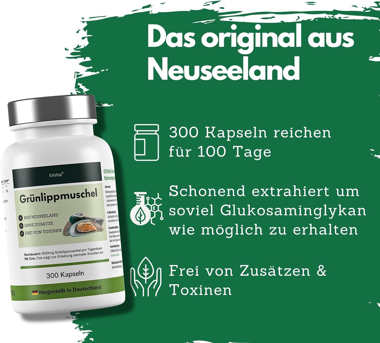 Flacone di prodotto con 300 capsule. Testo: L'originale dalla Nuova Zelanda. Senza additivi né tossine. Sfondo verde.