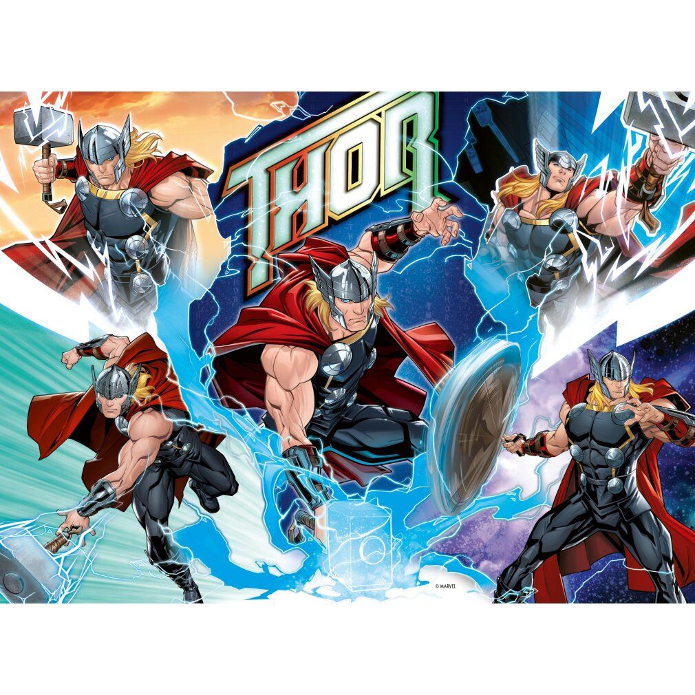 Puzzle con Thor. Thor in varie pose, con martello e scudo. Sfondo con effetti fulminei.