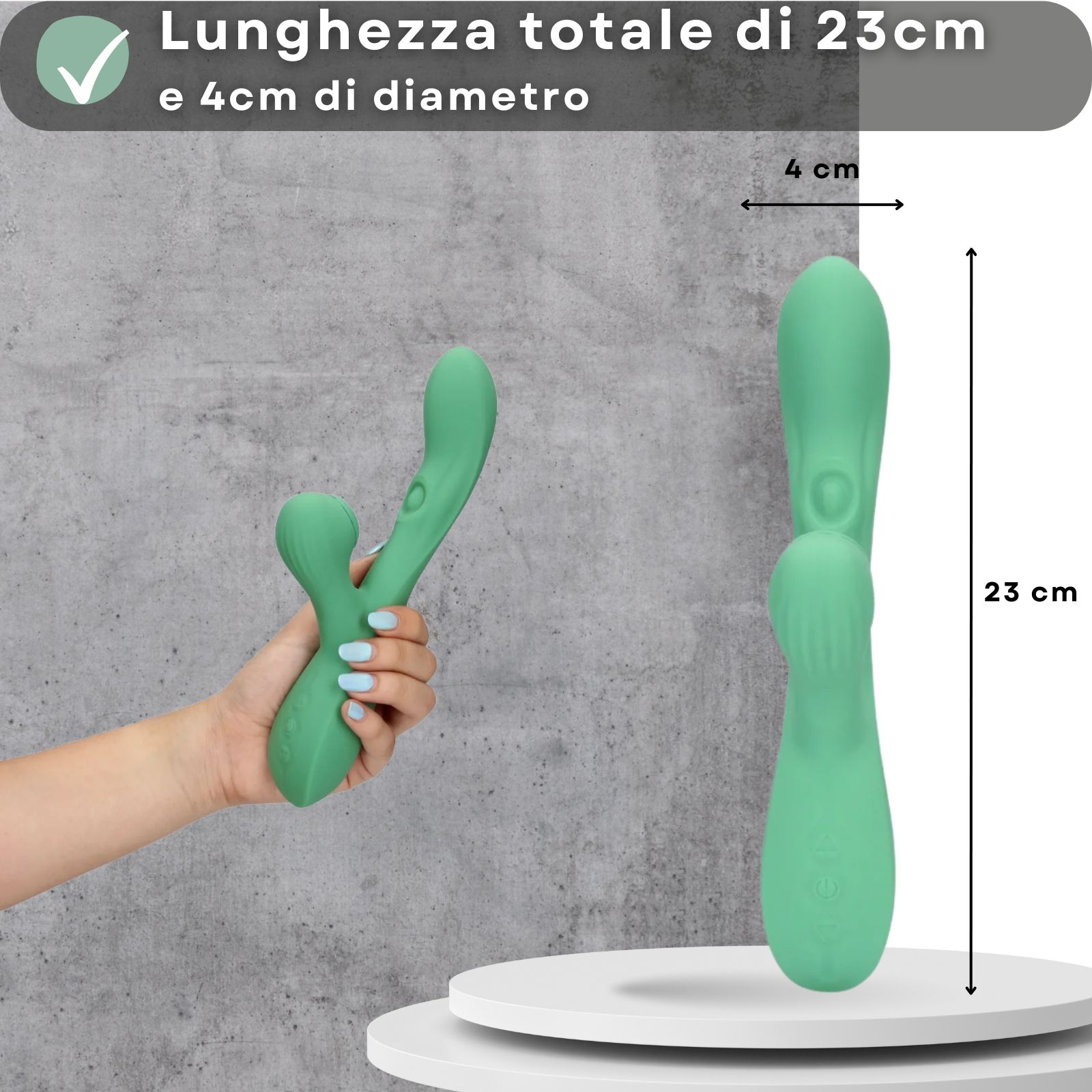 Vibratore verde, testo: 23cm di lunghezza, 4cm di diametro.