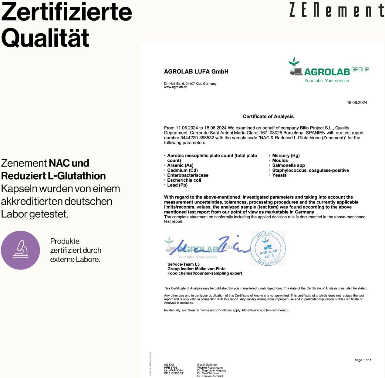 Documento di certificazione di AGROLAB LUFA GmbH. Testo: Le capsule Zenement NAC e L-Glutatione ridotto sono state testate da un laboratorio tedesco accreditato.
