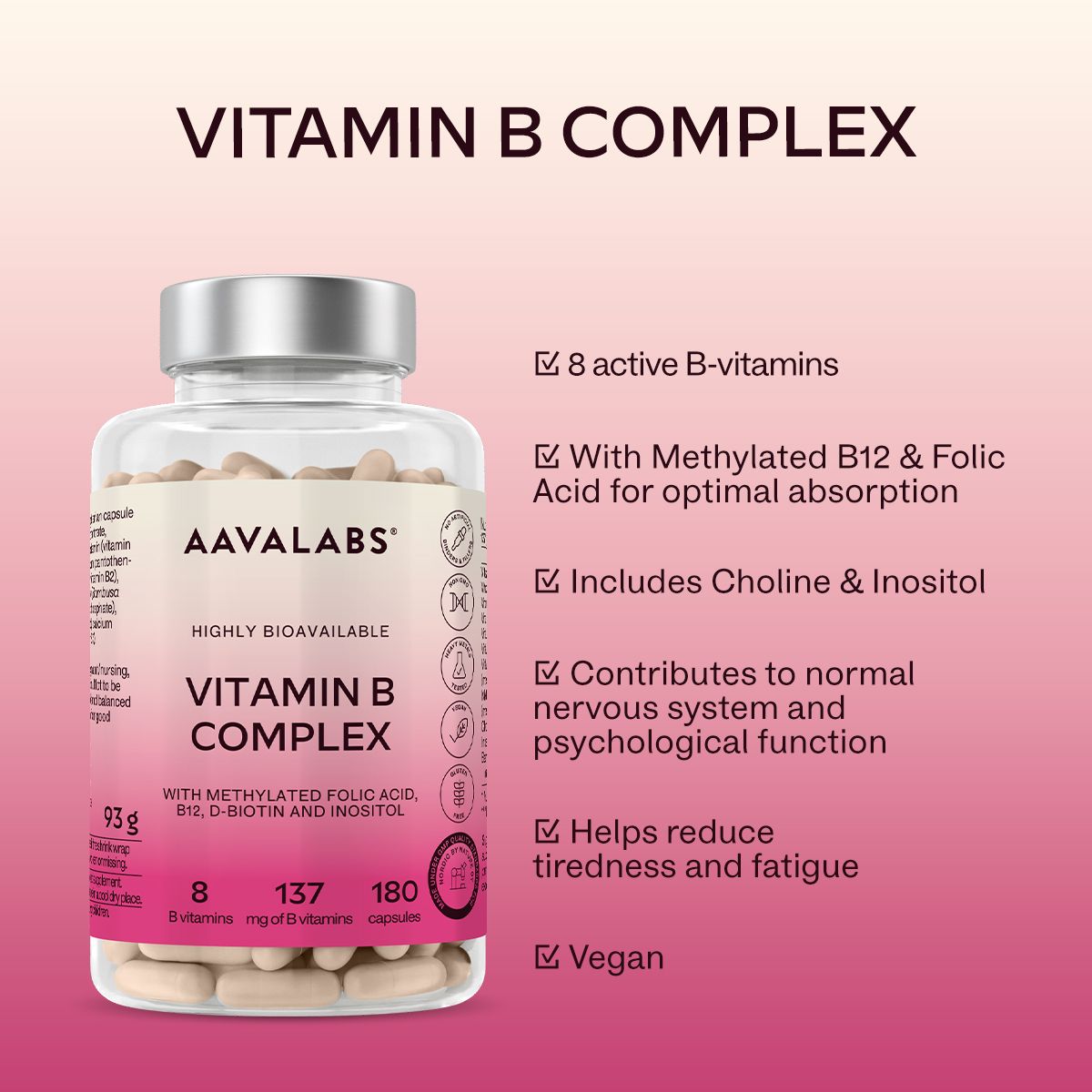 Flacone con capsule. AAVALABS Vitamin B Komplex. 8 vitamine B. Sfondo rosa con testo.