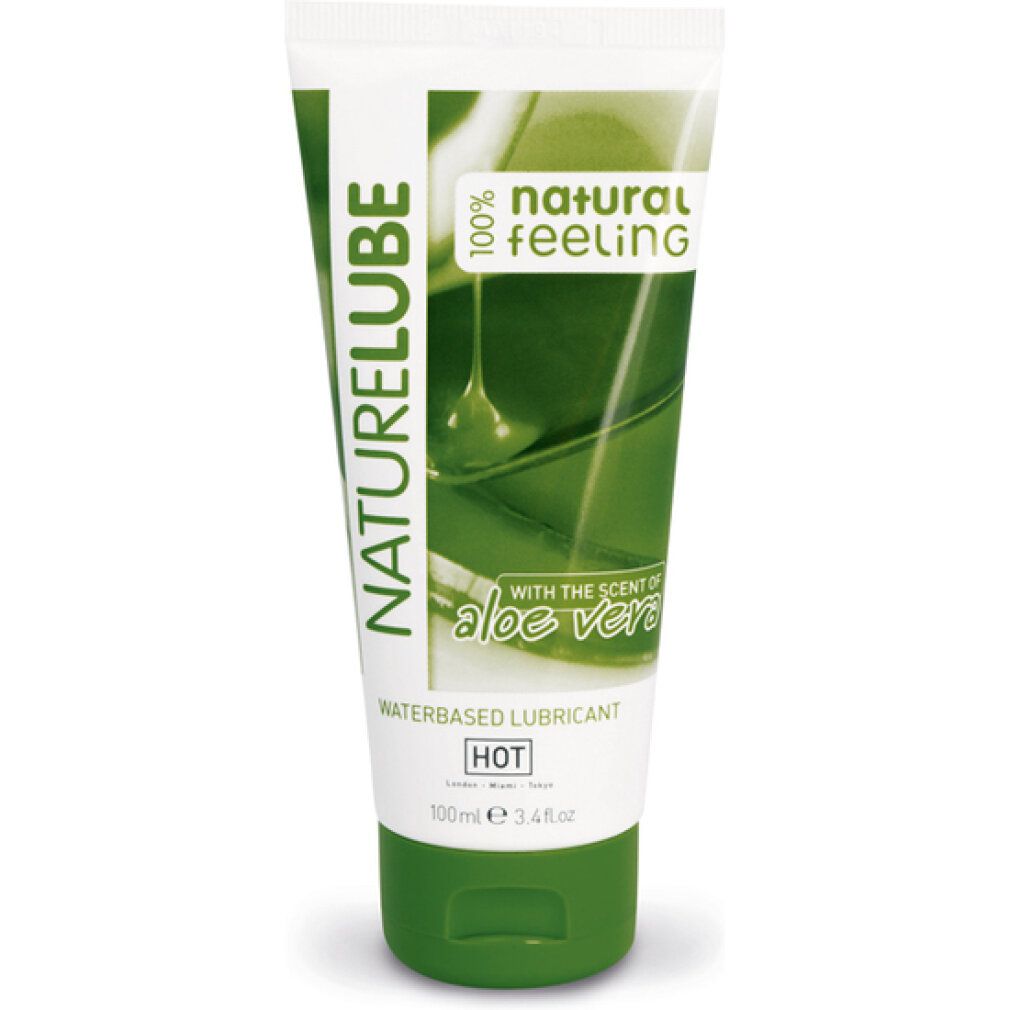 Tubo NATURELUBE Aloe Vera, bianco con dettagli verdi. Contiene aloe vera ed è un lubrificante a base d'acqua.