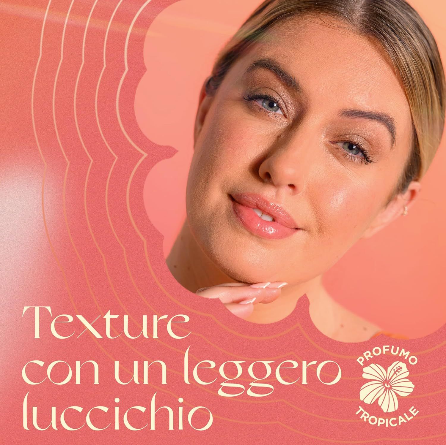 Ritratto di una donna. Testo: Bagliore delicato. Scritta: Profumo, Tropicale.