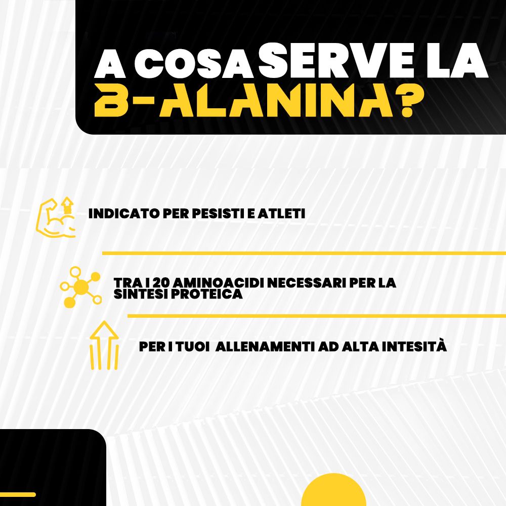 Infografica: A cosa serve 3-ALANINA? Per atleti, per la sintesi proteica, per allenamenti ad alta intensità. Elementi gialli.
