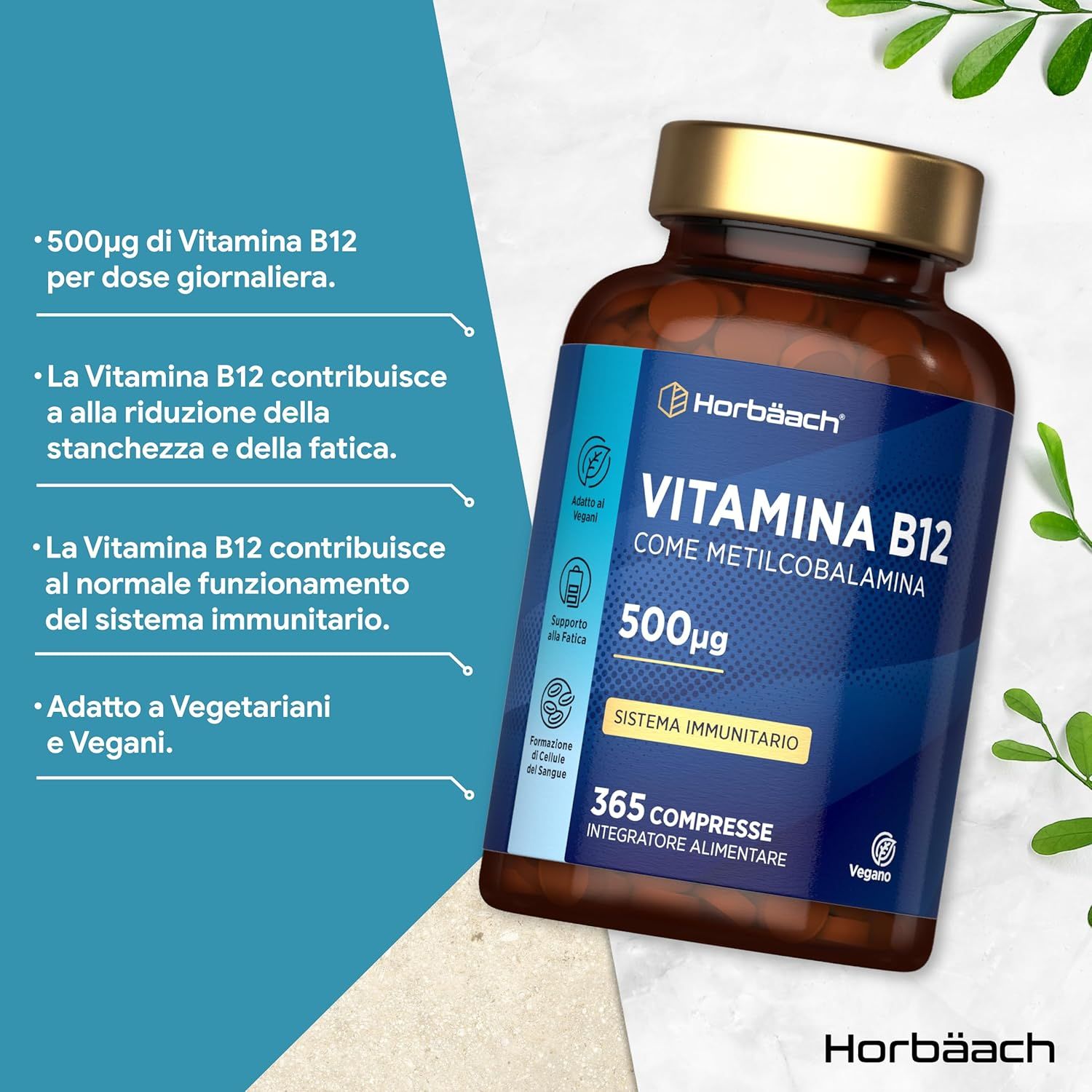 Flacone marrone di compresse B12. Etichetta turchese e bianca. 500µg. Vegano. 365 compresse. Testo: Sistema immunitario.
