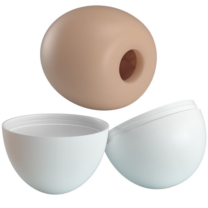Metà uovo masturbatore beige in un guscio bianco aperto. Il guscio è diviso in due.