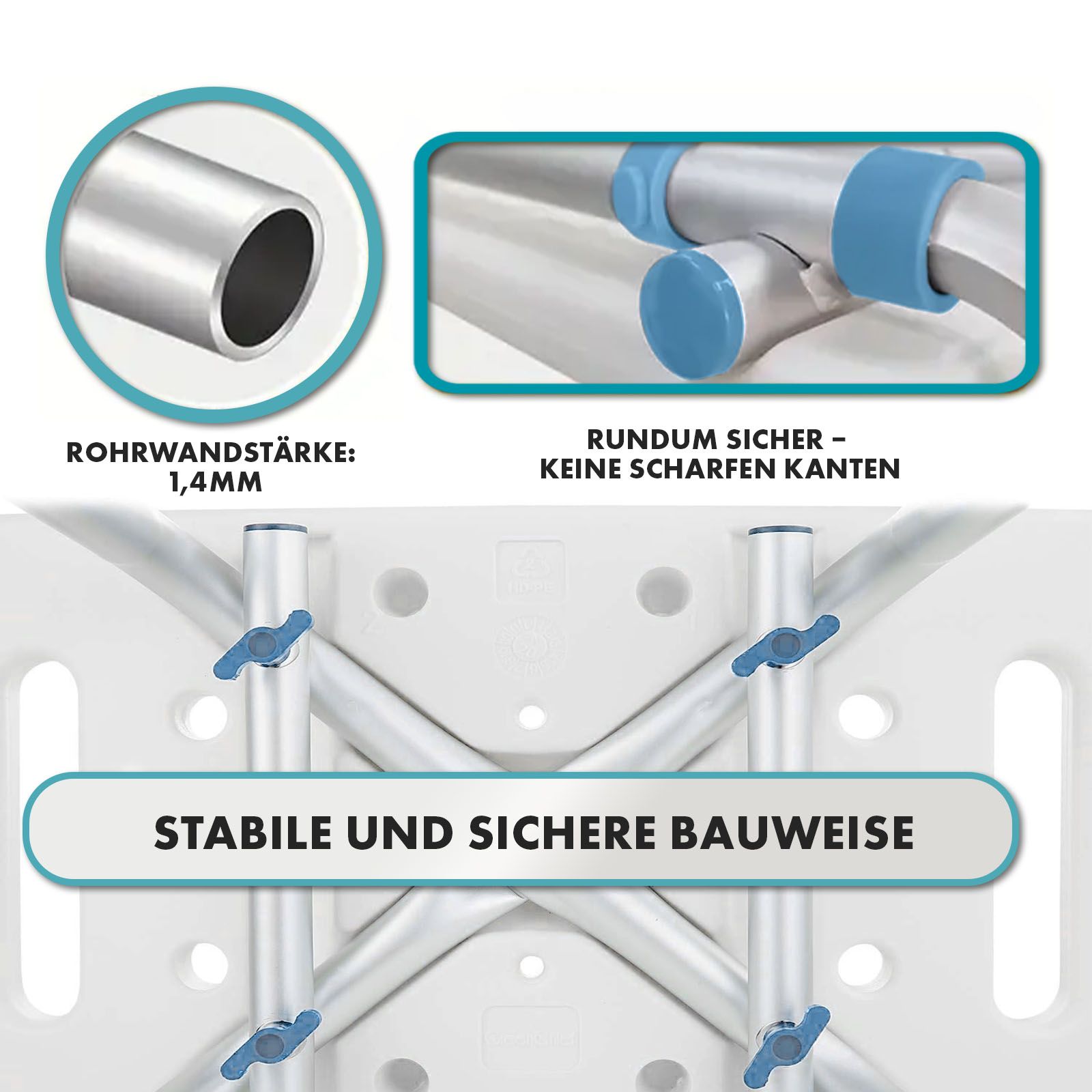 Sedia da doccia con schienale. Struttura stabile. Nessun bordo tagliente. Spessore del tubo 1,4 mm.