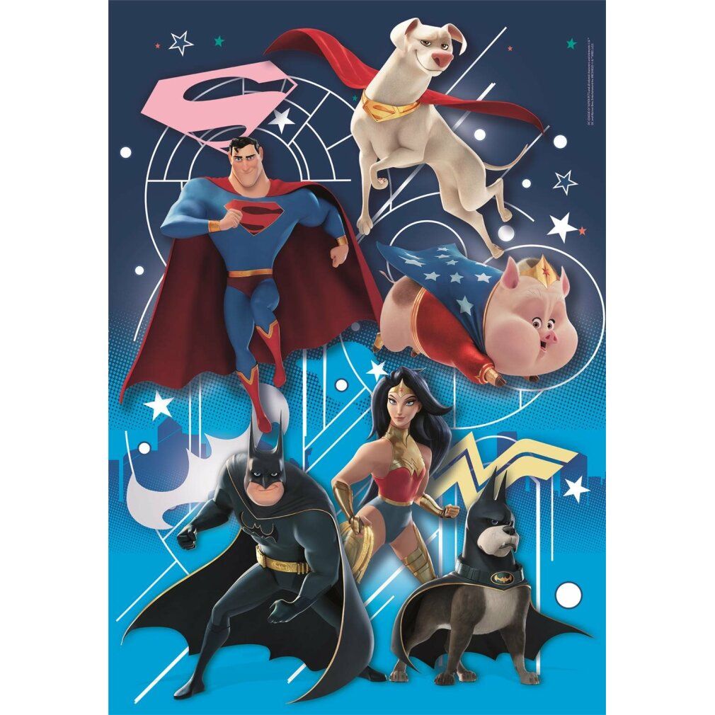 Puzzle Super Pets. 104 pezzi. Superman, Batman, Wonder Woman e i loro animali domestici. Sfondo blu con stelle.