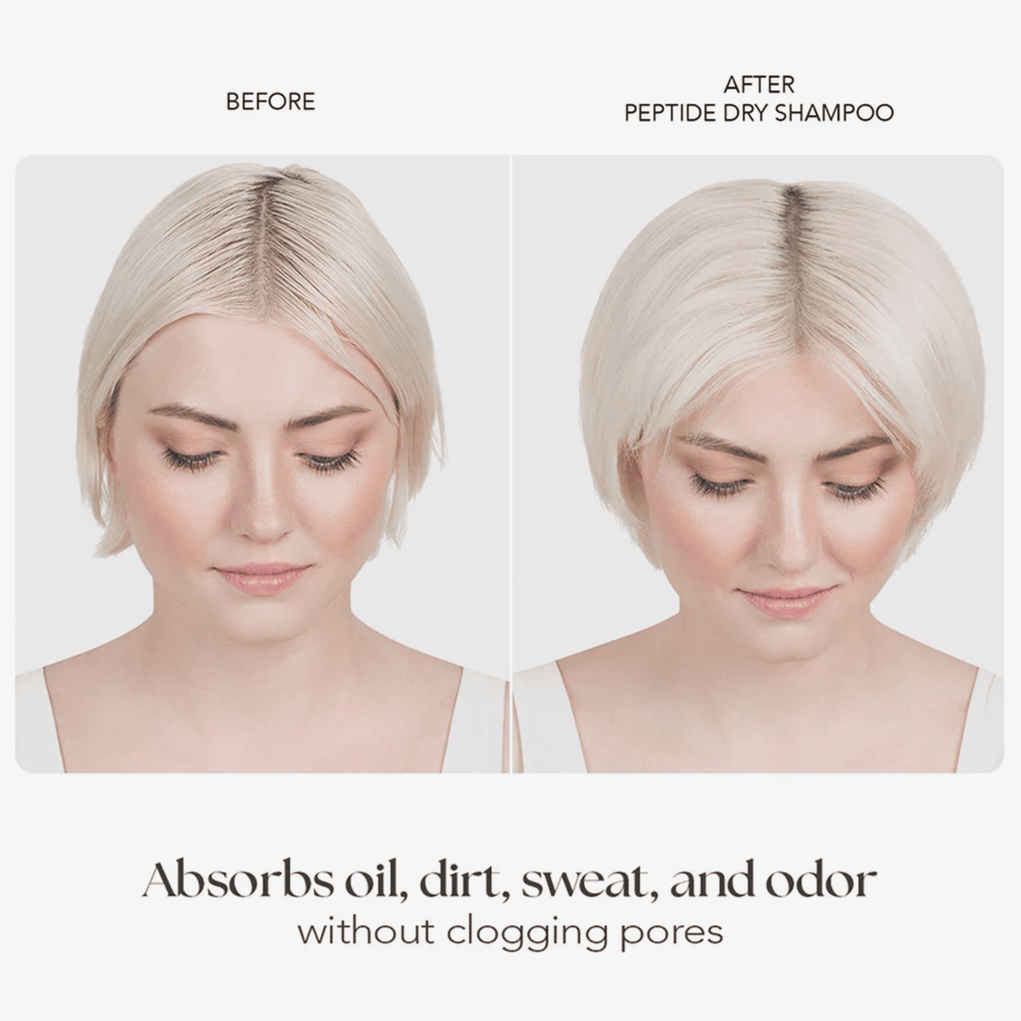 Confronto prima-dopo. Donna con capelli biondi prima e dopo lo shampoo secco ai peptidi. Assorbe olio, sporco, sudore e odori.