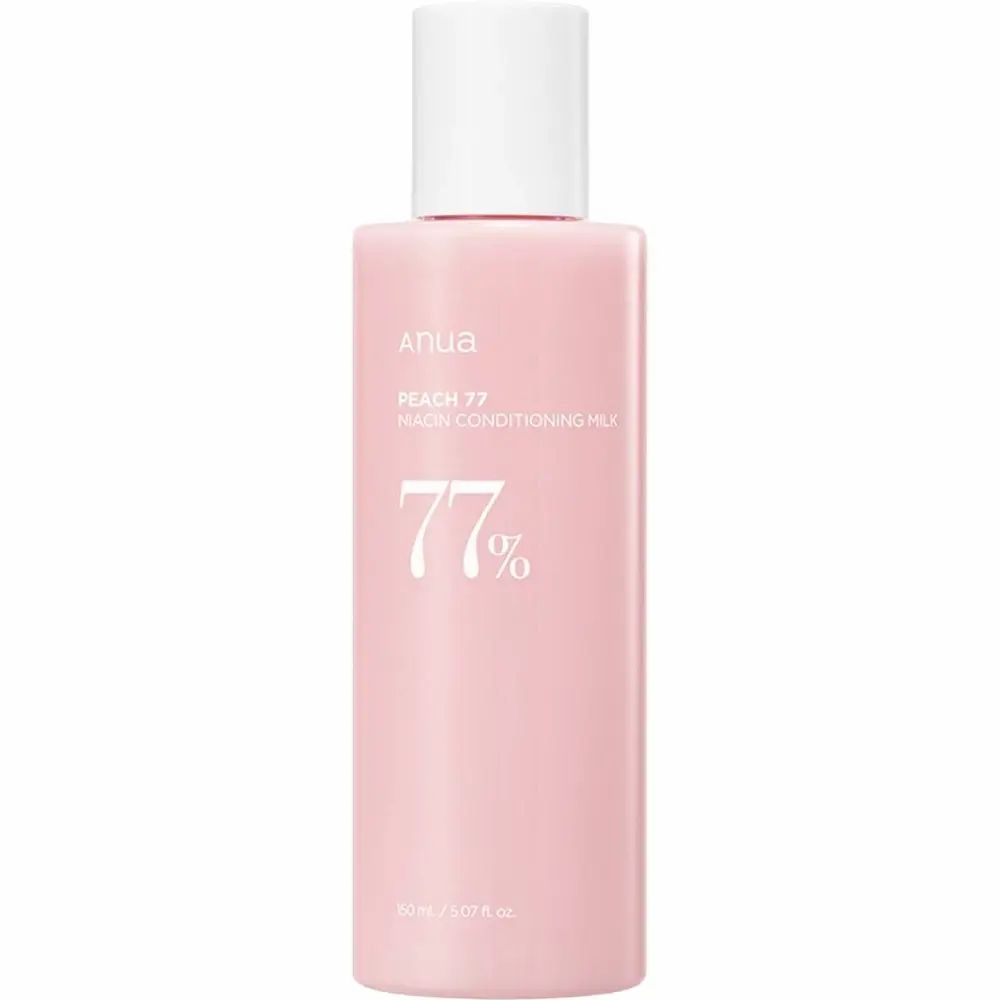 Flacone rosa con tappo bianco. Scritta: ANUA, PEACH 77% NIACIN CONDITIONING MILK, 77%.