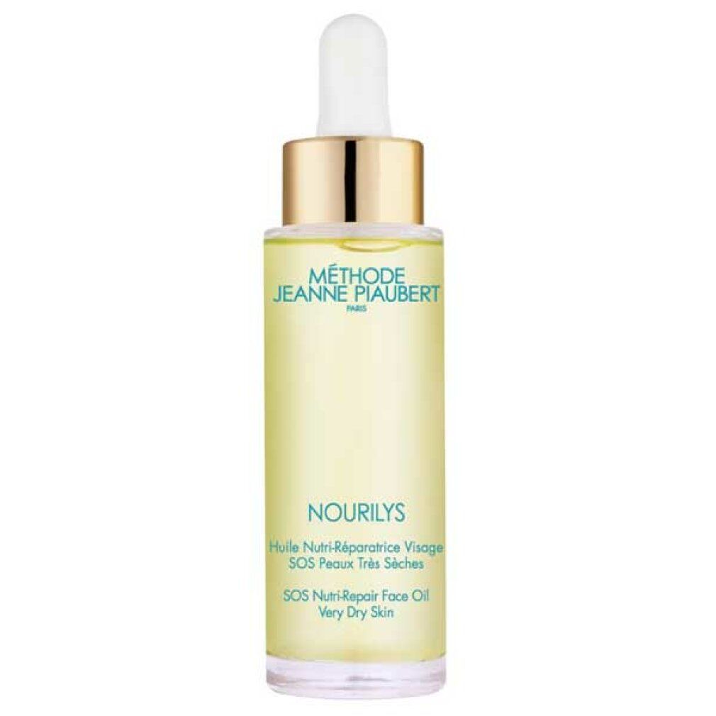 Flacone di olio per il viso con tappo dorato e contagocce bianco. Scritta: NOURILYS, SOS nutri-repair face oil.