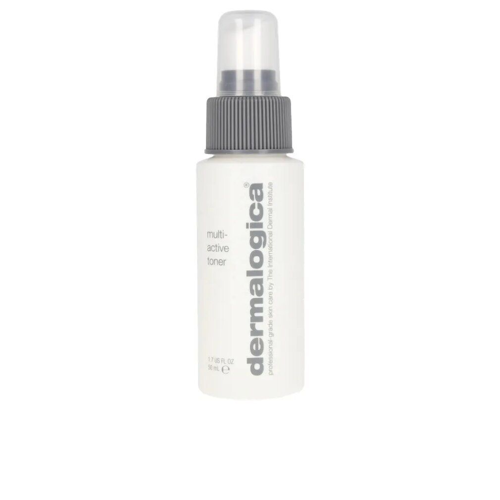Flacone bianco con erogatore spray. Scritta: multi-active toner, Dermalogica.