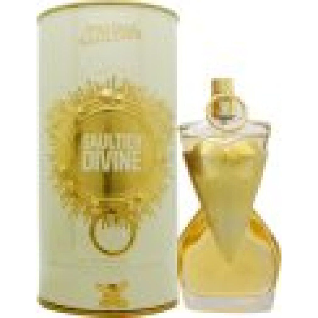 Flacone di profumo e confezione. Flacone dorato a forma di busto. Confezione cilindrica bianca con dettagli dorati e scritta.