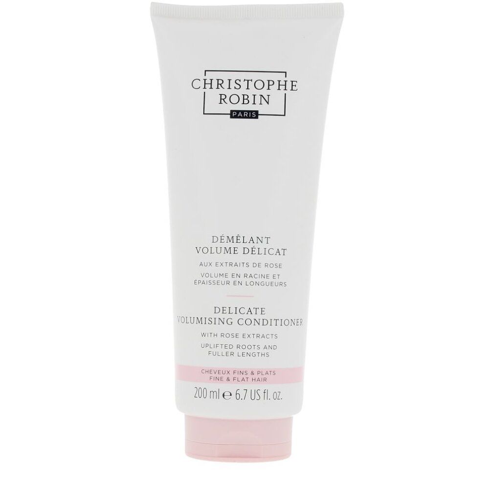 Tubo bianco, tappo rosa. Testo: Christophe Robin, Démêlant Volume, Delicate Volumising Conditioner, 200 ml.