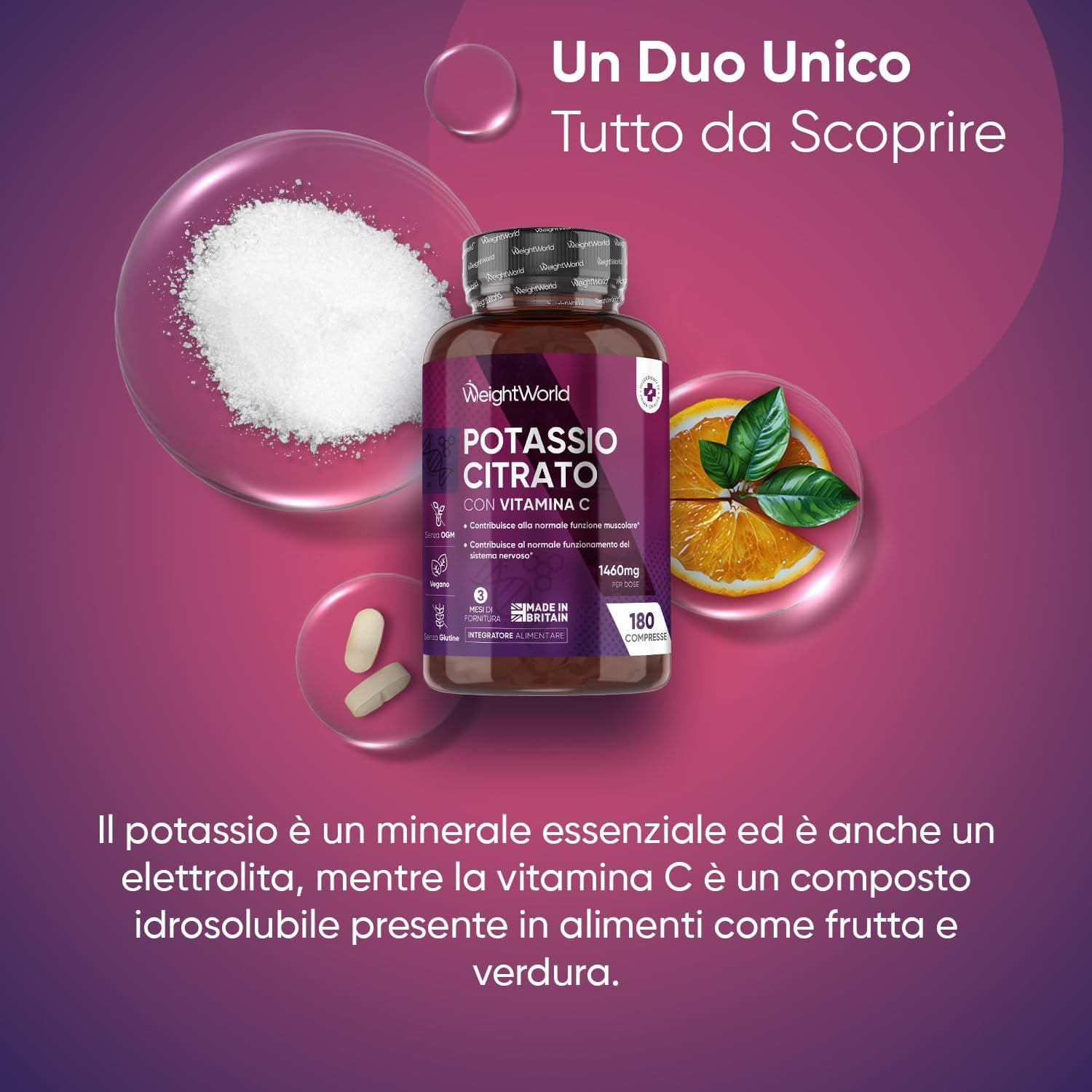 Immagine pubblicitaria con flacone e ingredienti. Testo: Un Duo Unico. Contiene citrato di potassio con vitamina C. 180 compresse.