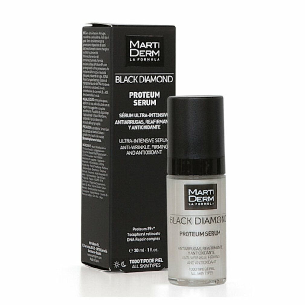 Flacone di siero e scatola. Confezione nera con testo bianco. Nome prodotto: Proteum Serum. Marchio: Marti Derm Black Diamond.