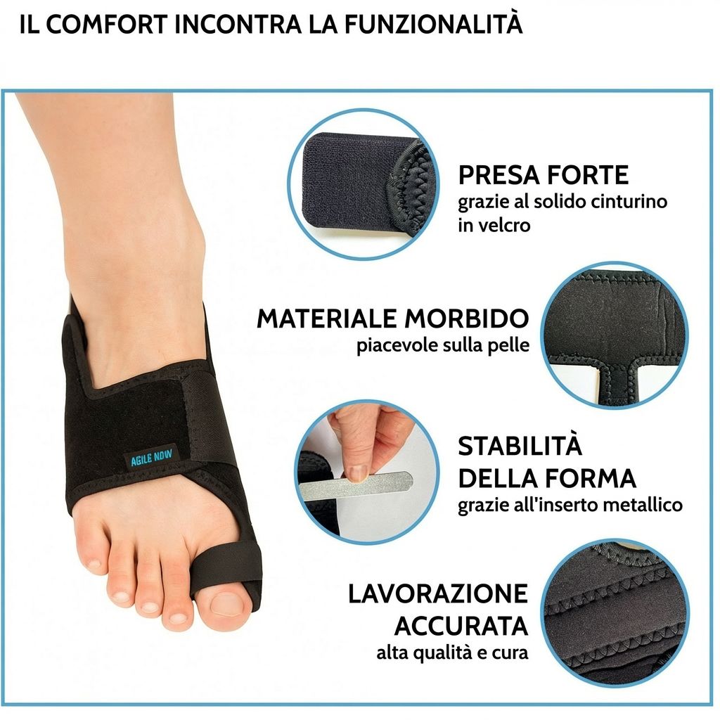 Tutore Hallux Valgus nero. Chiusura in velcro, materiale morbido, inserto metallico. Testo: AGILE NOW.