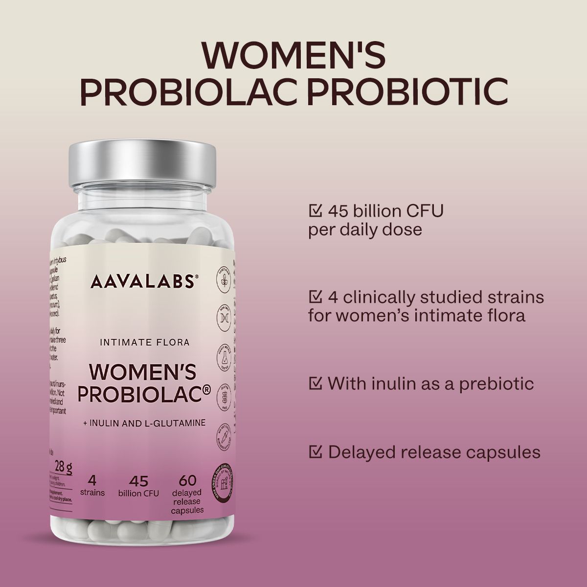Aavalabs Women's Probiolac. Bottiglia con capsule. Testo: 45 mld CFU, 4 ceppi, inulina, rilascio ritardato.