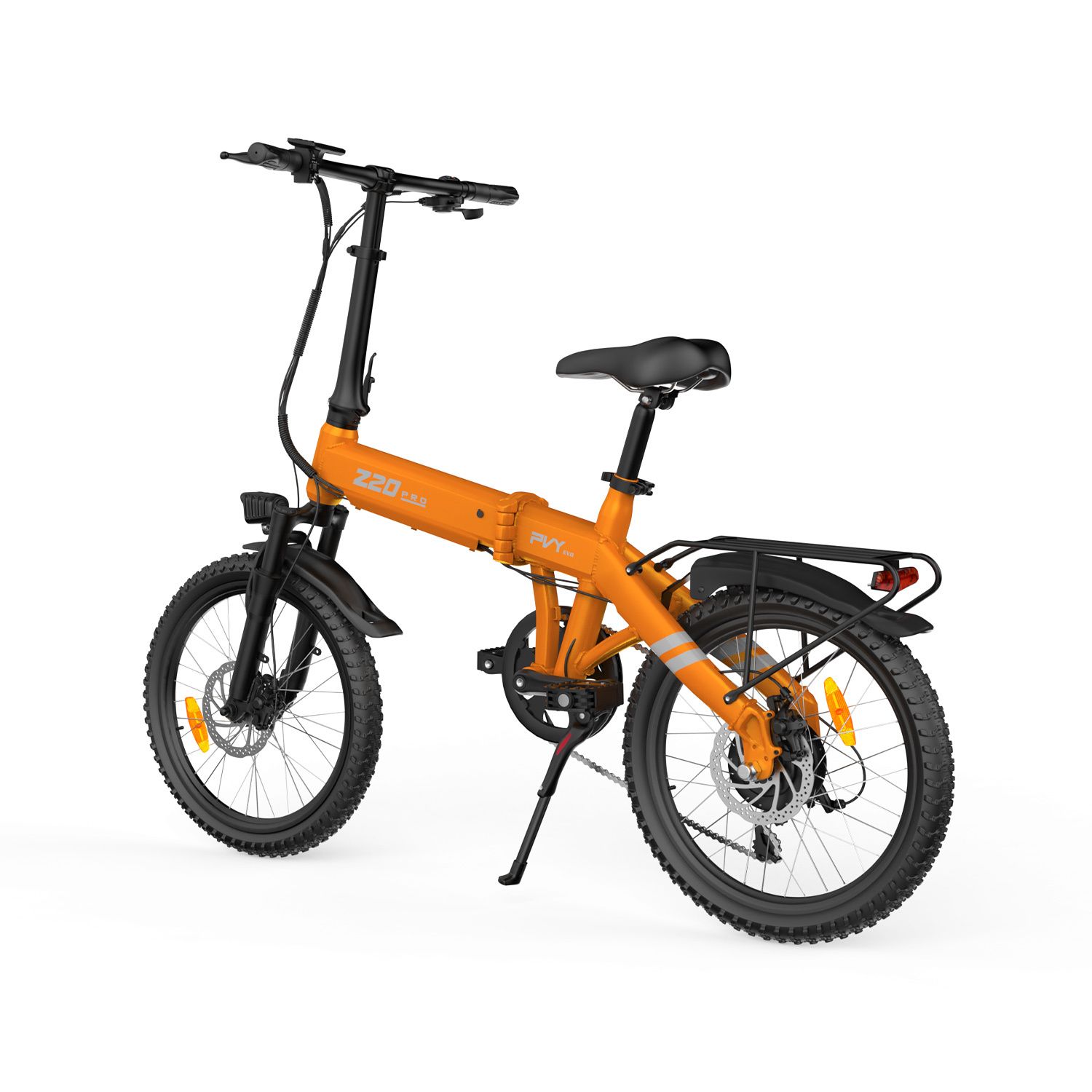 E-bike pieghevole arancione con telaio nero, portapacchi e faro. Scritta Z20 PRO EVO.