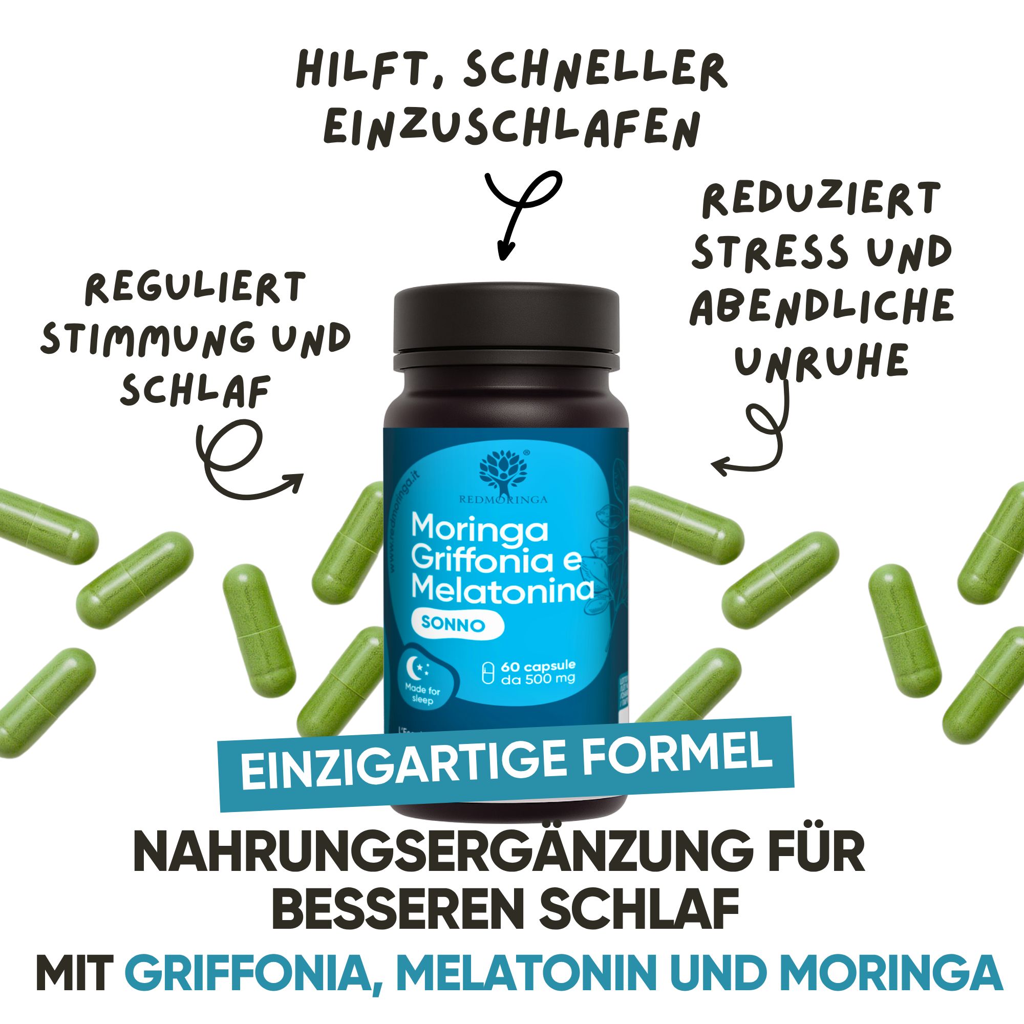 Bottiglia RedMoringa Melatonin con capsule verdi. Aiuta ad addormentarsi, regola umore e sonno.