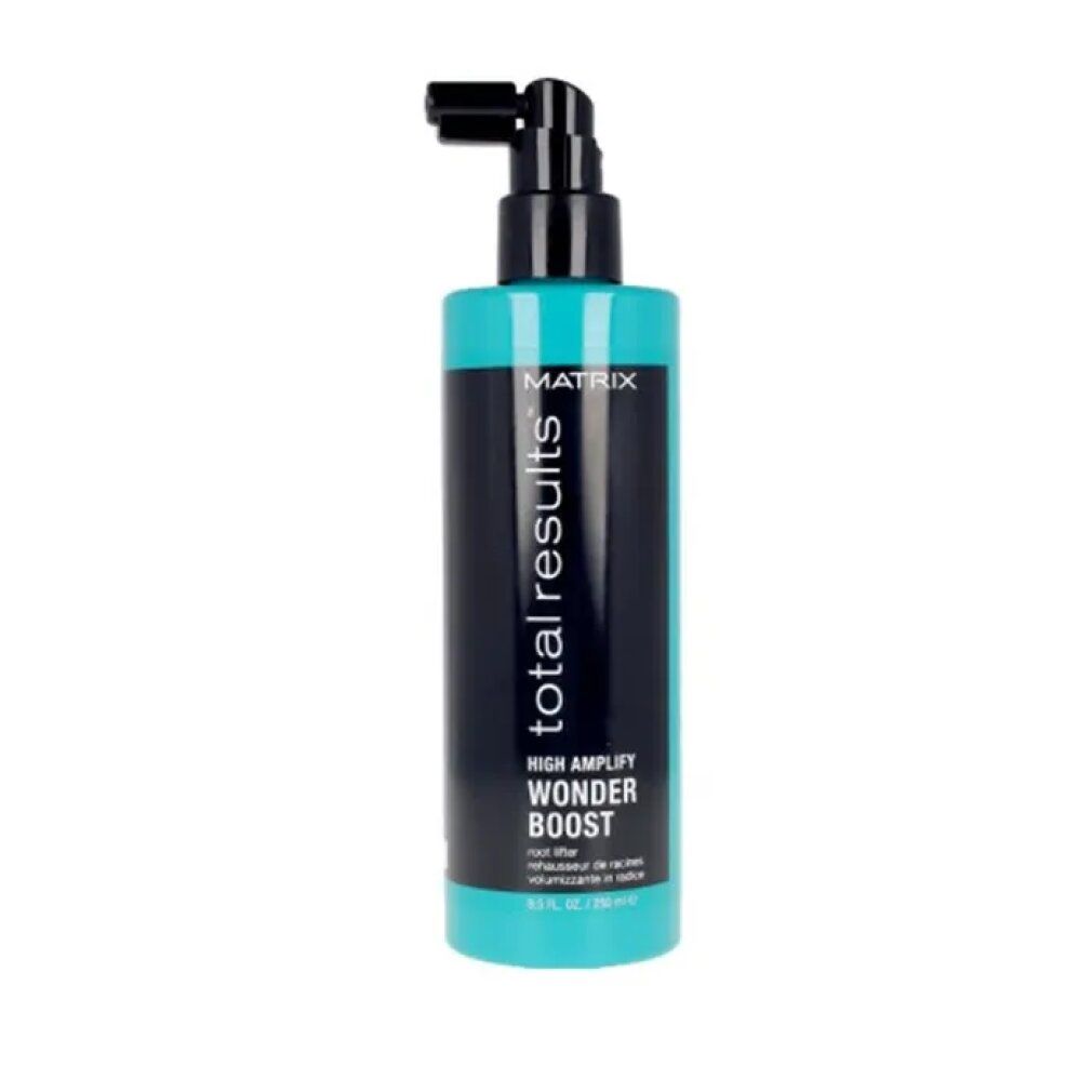 Flacone turchese e nero con erogatore nero. Scritta: Total Results, High Amplify, Wonder Boost, Root Lifter.