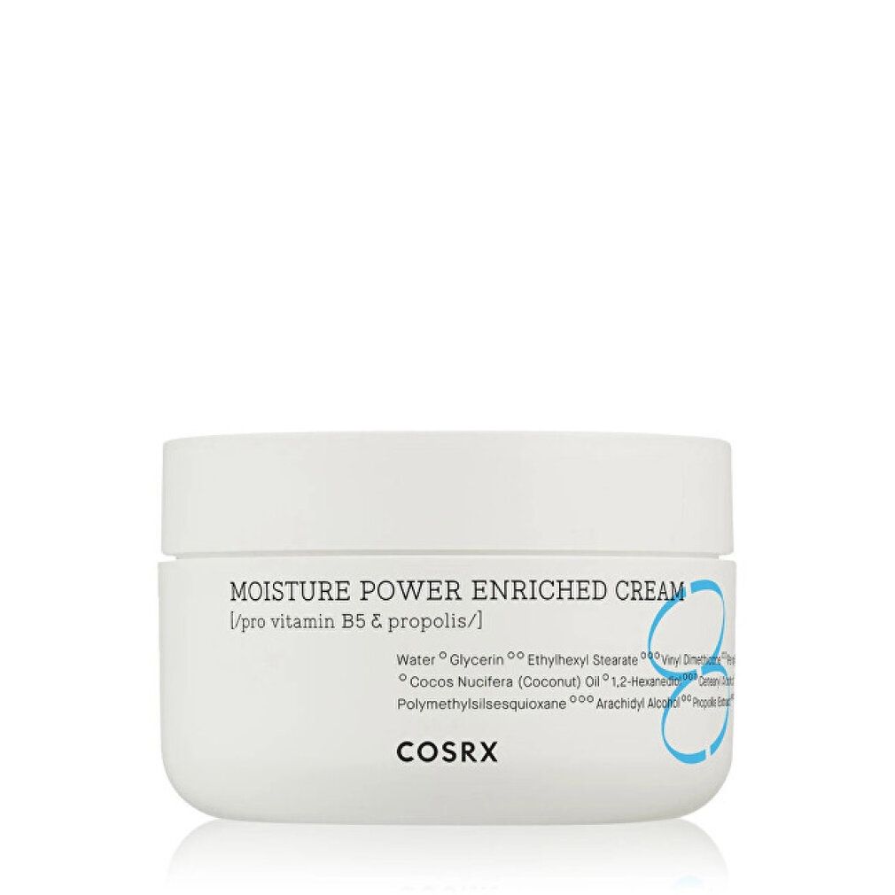 Vasetto bianco con scritta "MOISTURE POWER ENRICHED CREAM" e "COSRX". Accenti blu. Coperchio sopra.