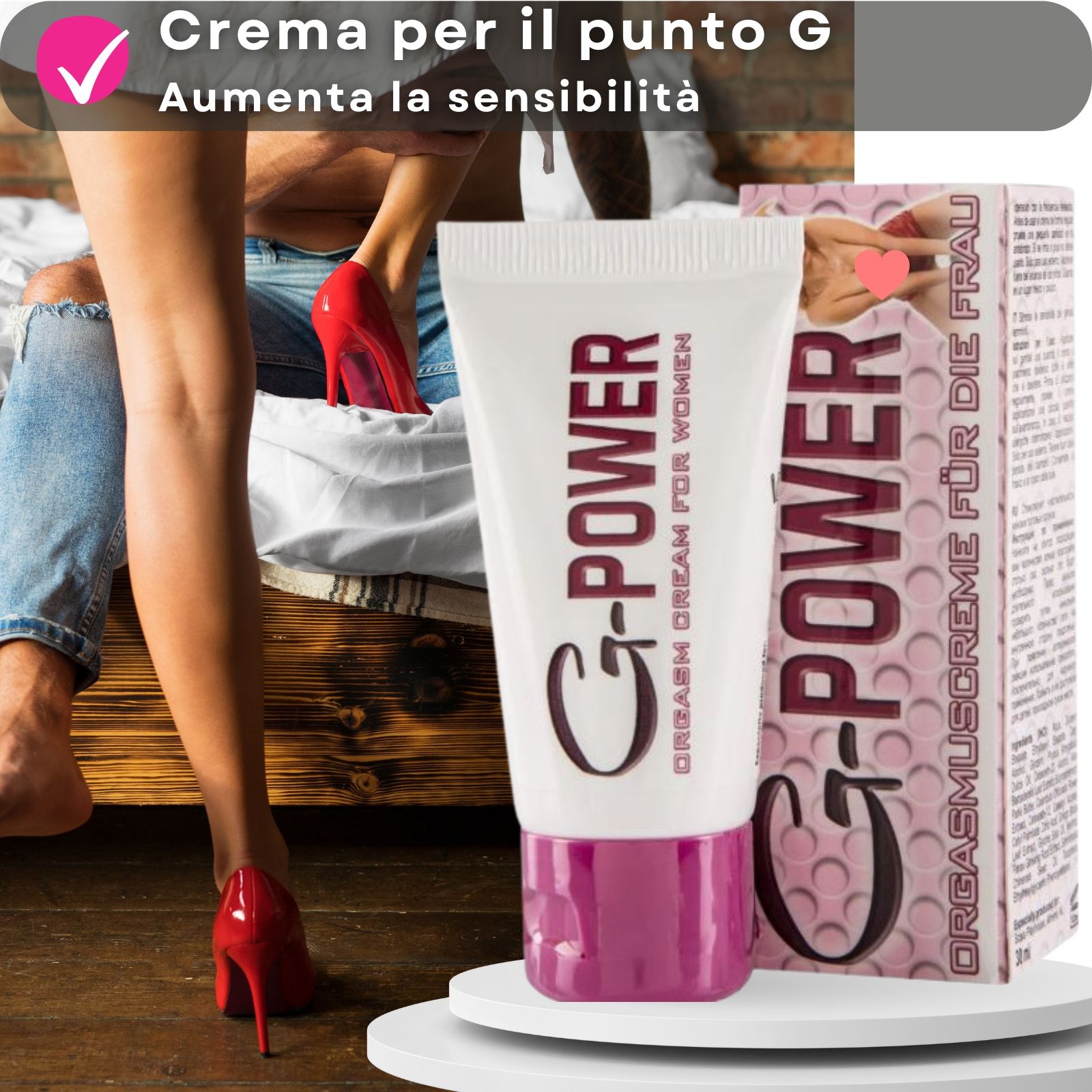 Tubo di crema G-POWER. Testo: Crema orgasmica per donne. Colori rosa e bianco. Donna con scarpe rosse.