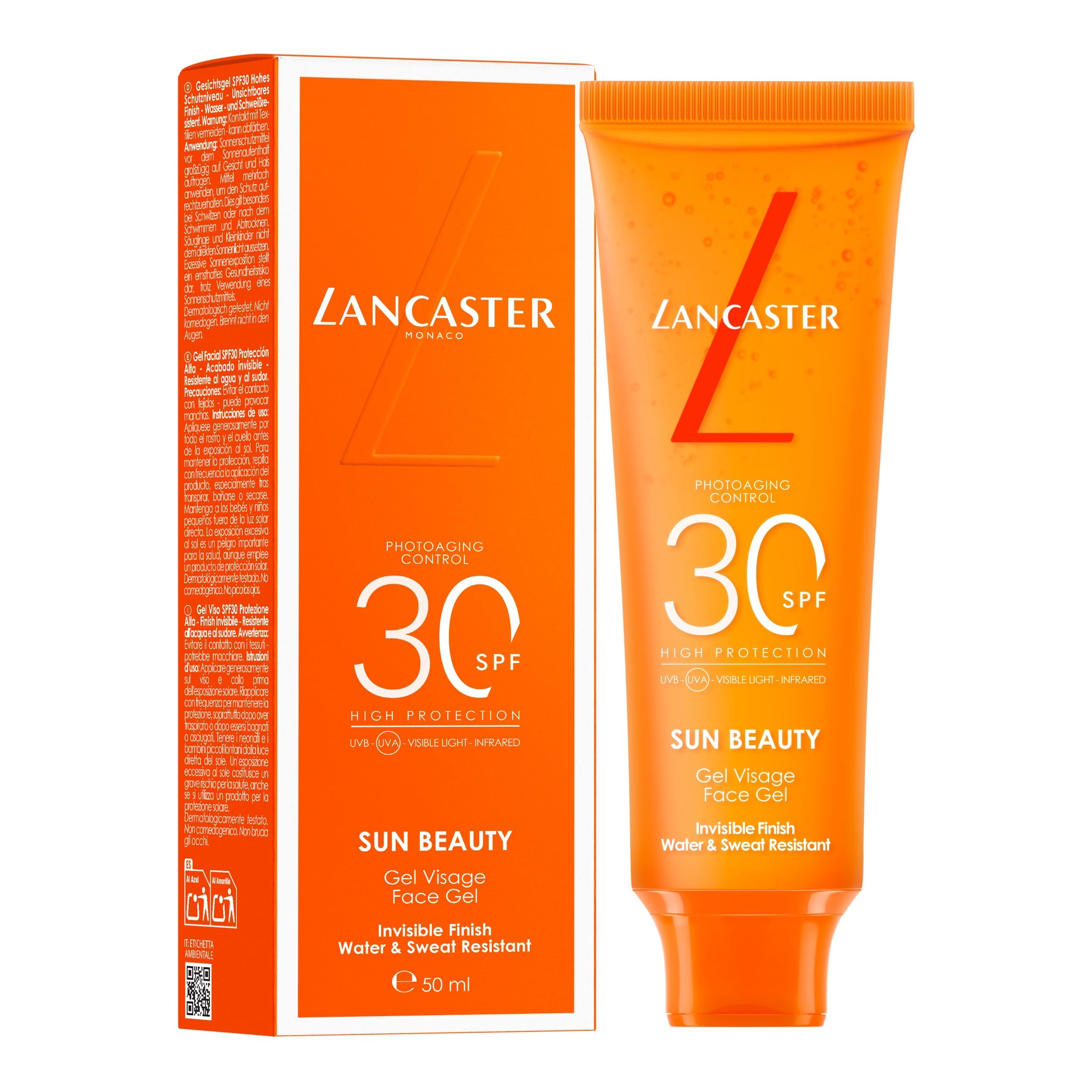 Tubo e confezione arancioni. Testo: "Lancaster", "30 SPF", "Sun Beauty", "Gel Visage Face Gel". E 50 ml. Resistente all'acqua e al sudore.