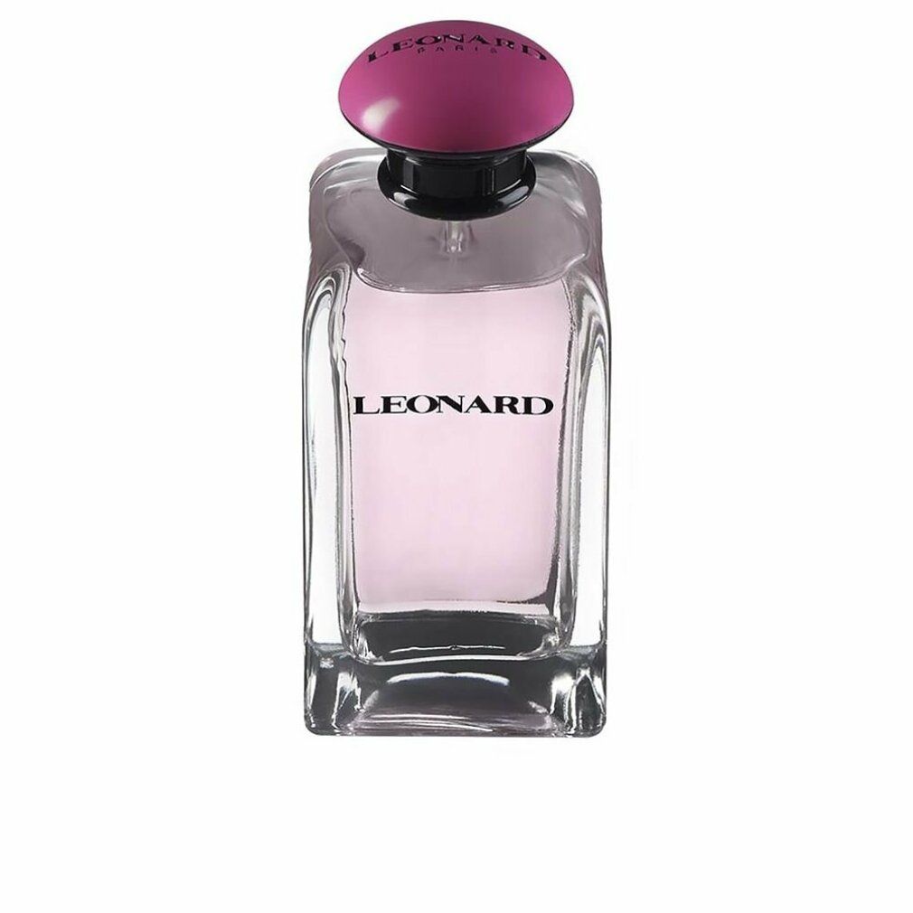 Flacone di profumo Leonard. Flacone in vetro rettangolare con contenuto rosa e tappo rosa. Marchio sul flacone.