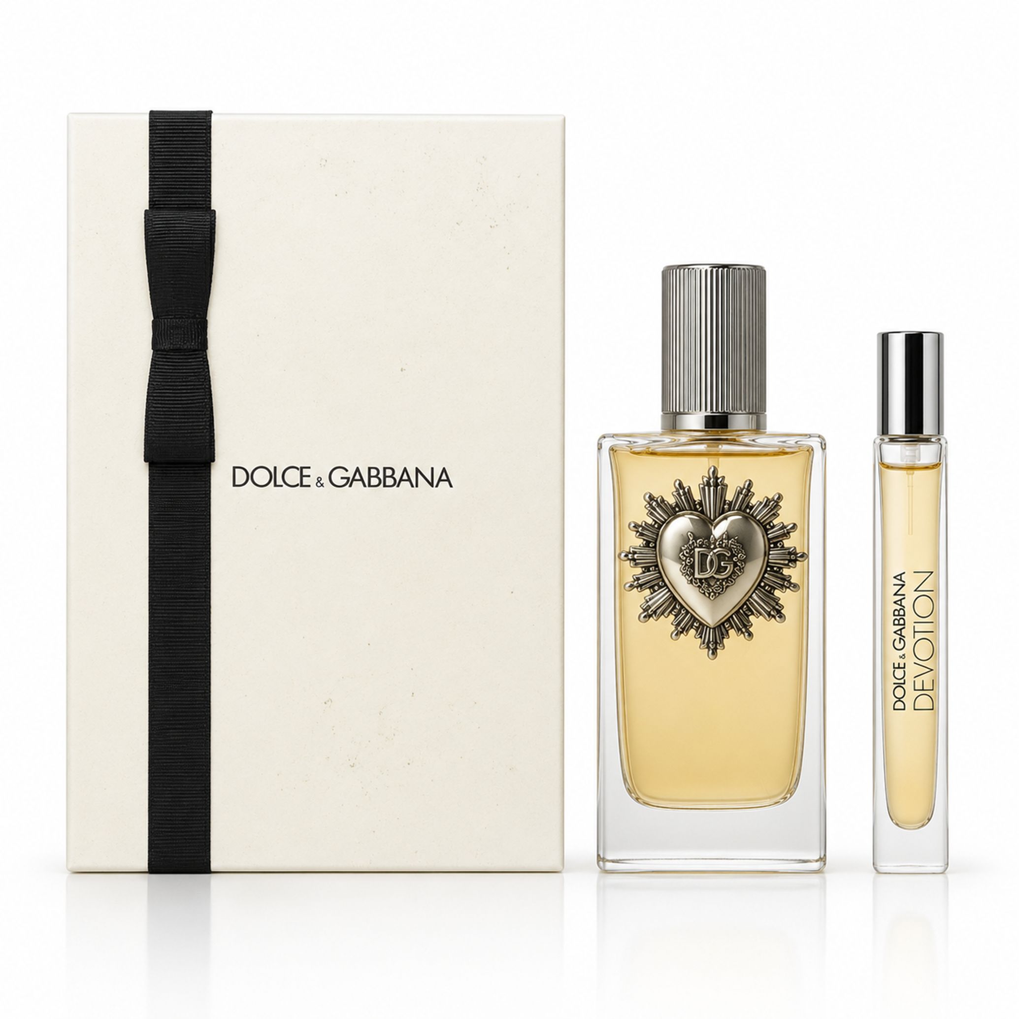 Set Dolce & Gabbana D&G Devotion Eau de Parfum con confezione regalo, flacone di profumo e vaporizzatore da viaggio.