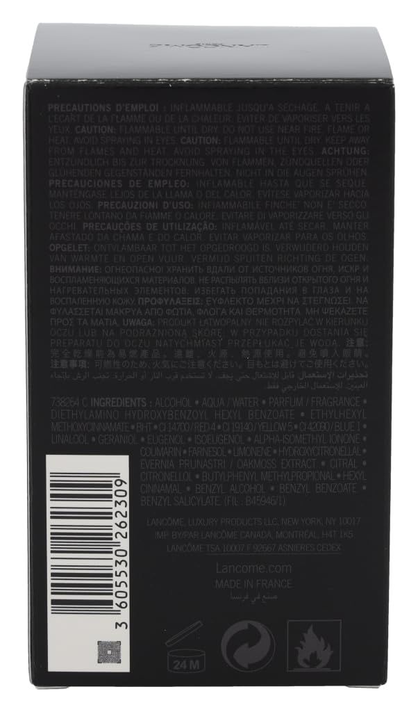 Retro della scatola nera di Lancôme Magie Noire Eau de Toilette. Testo multilingue. Codice a barre e pittogrammi.