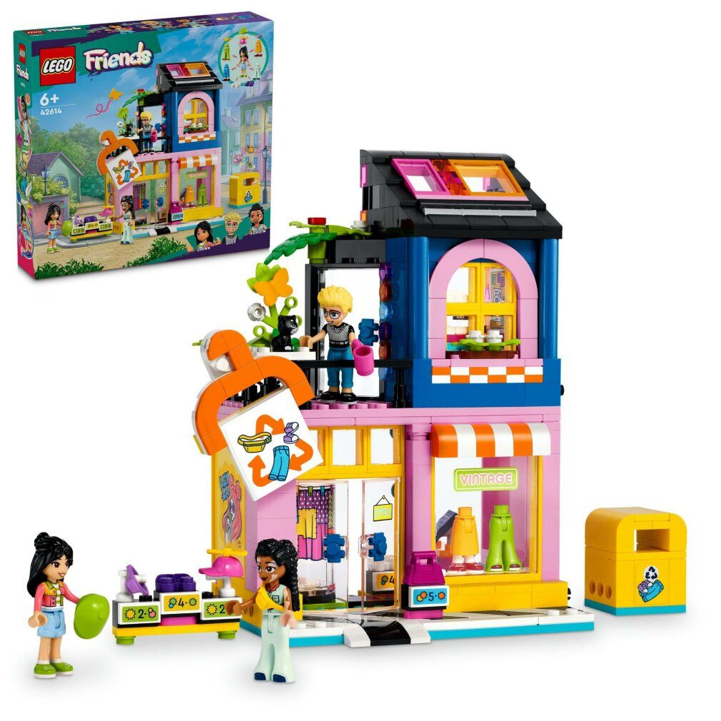 LEGO Friends 42614. Set con edificio, personaggi e accessori. Confezione sullo sfondo. Edificio a due piani e personaggi.