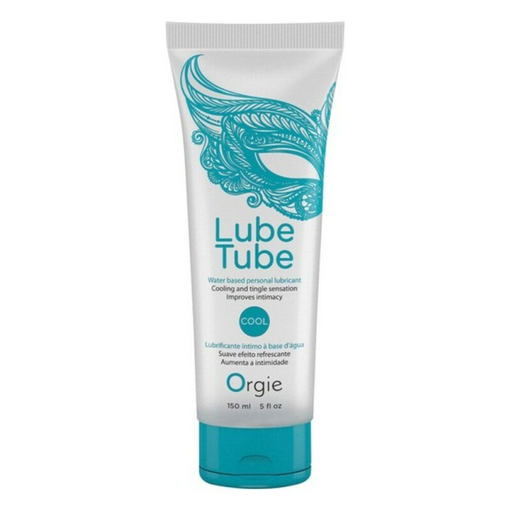 Tubo Lube Tube Cool. Testo: Water based personal lubricant. Marchio: Orgie. Tappo turchese.