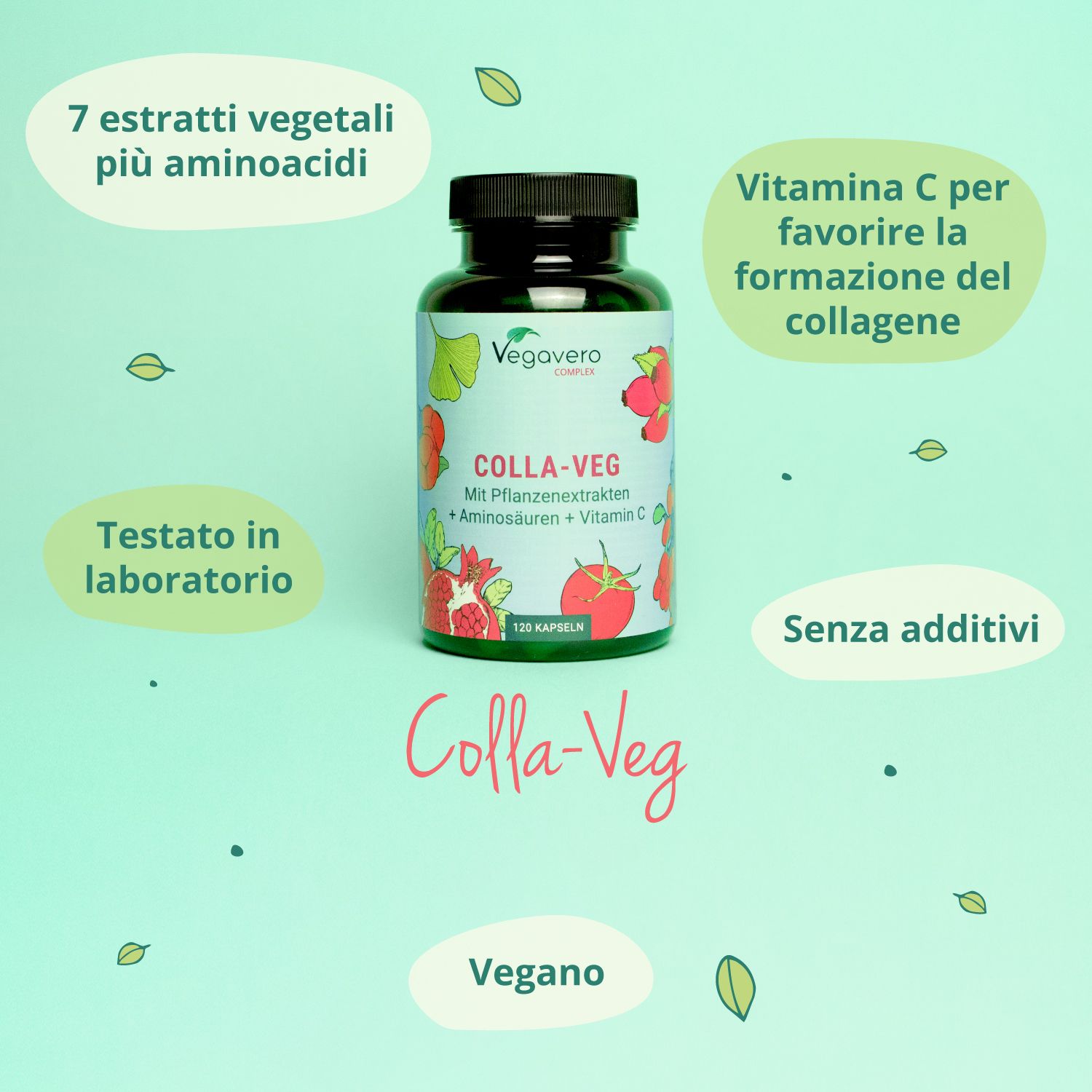 Flacone Colla-Veg con testo: 7 estratti vegetali, aminoacidi, vitamina C. Senza additivi, vegano, testato in laboratorio.