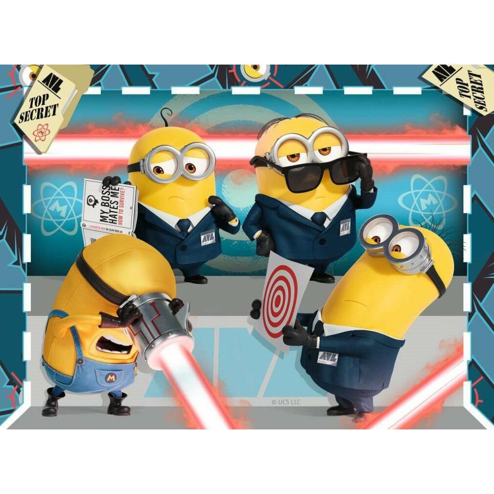 Dettaglio puzzle con Minions. Personaggi gialli in giacca e cravatta, con occhiali e armi. Sfondo blu, con raggi laser rossi e bersaglio.