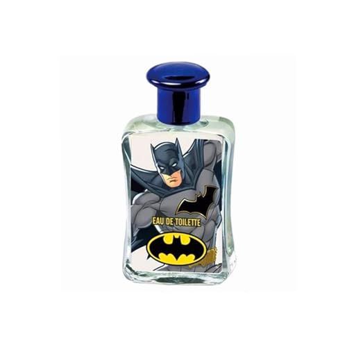 Flacone in vetro con motivo Batman. Tappo blu. Scritta 'Eau de Toilette' e logo Batman.