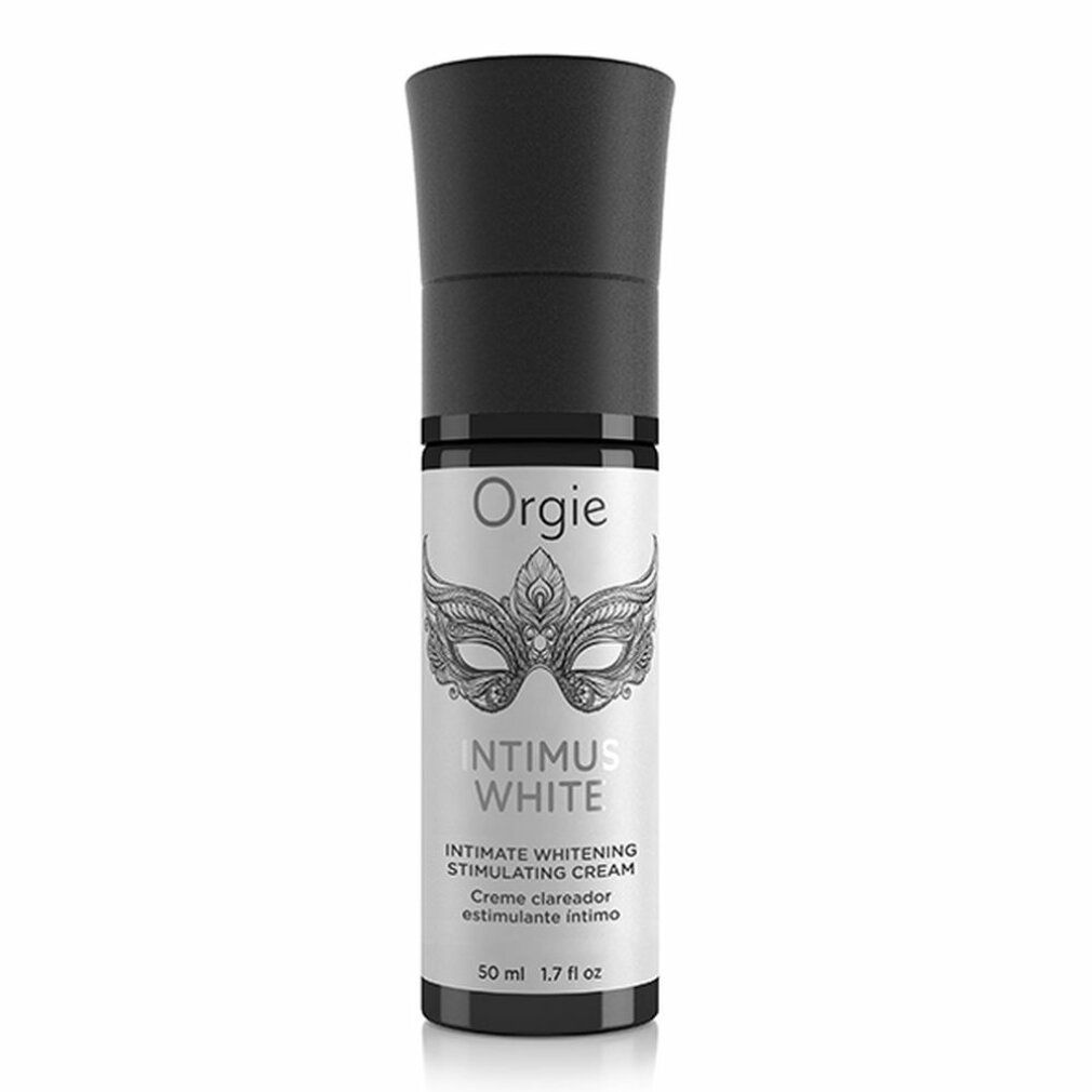 Flacone nero con etichetta bianca. Scritta: Orgie, Intimus White, Intimate Whitening Stimulating Cream. 50 ml.