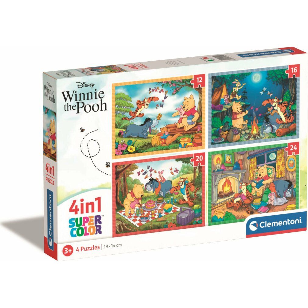Puzzle Clementoni Winnie the Pooh 4in1. Confezione con quattro puzzle, 12, 16, 20 e 24 pezzi. Logo Disney. Età: 3+.