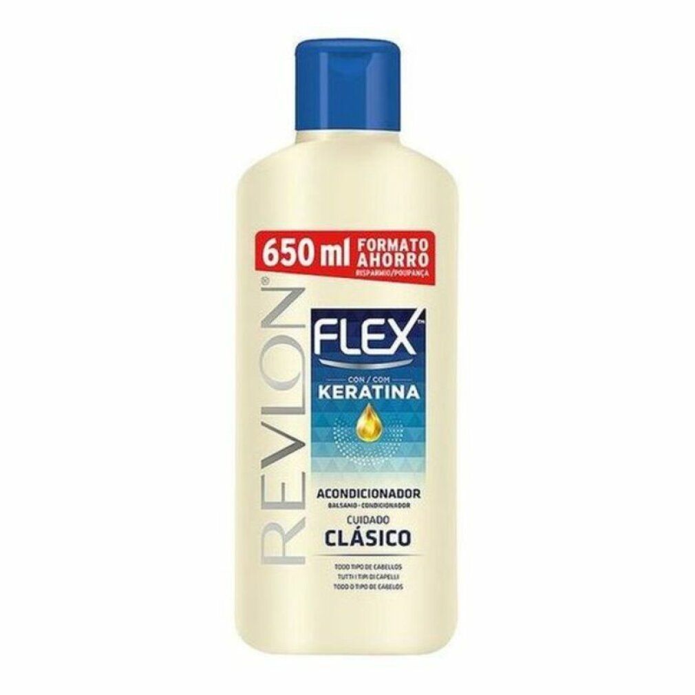 Flacone beige con tappo blu. Scritta: Revlon Flex Keratin Conditioner. 650 ml.