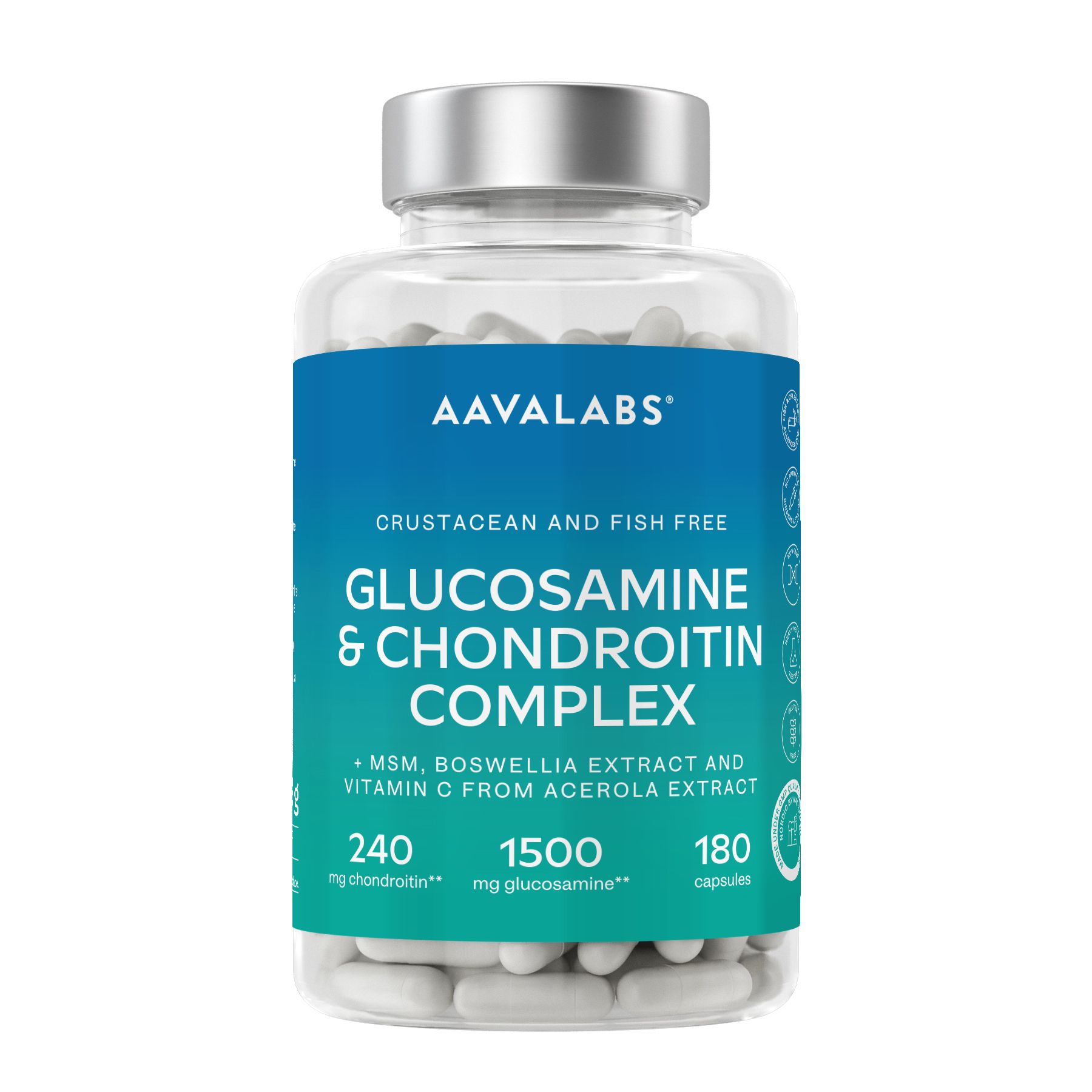 Aavalabs Glucosamina & Condroitina Complex capsule in flacone trasparente. Etichetta blu e verde.