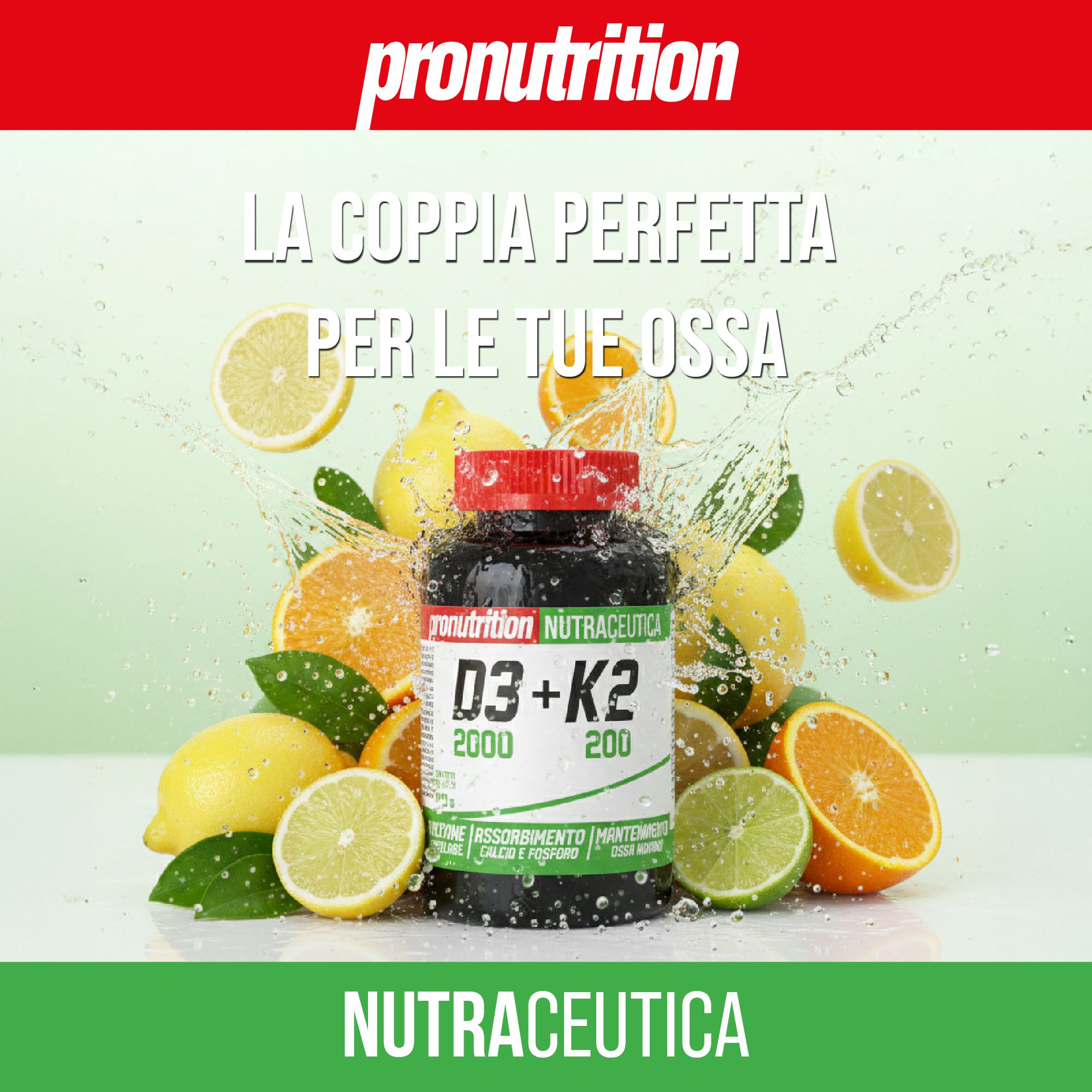 Flacone marrone con tappo rosso. Scritta D3+K2 2000/200. Marchio: Pronutrition. Circondato da limoni, arance e lime. Testo: Nutraceutica.