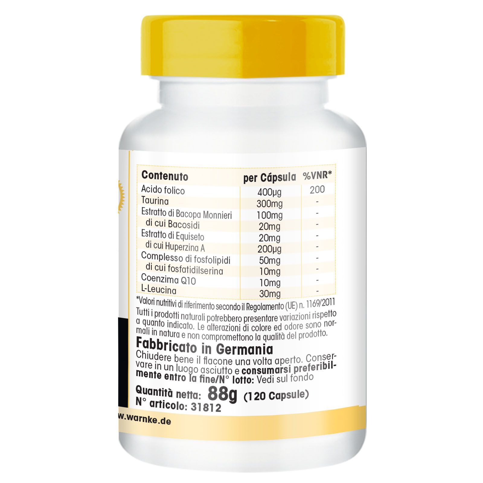 Retro del flacone bianco. Tabella nutrizionale con ingredienti. Prodotto in Germania. 88g (120 capsule).