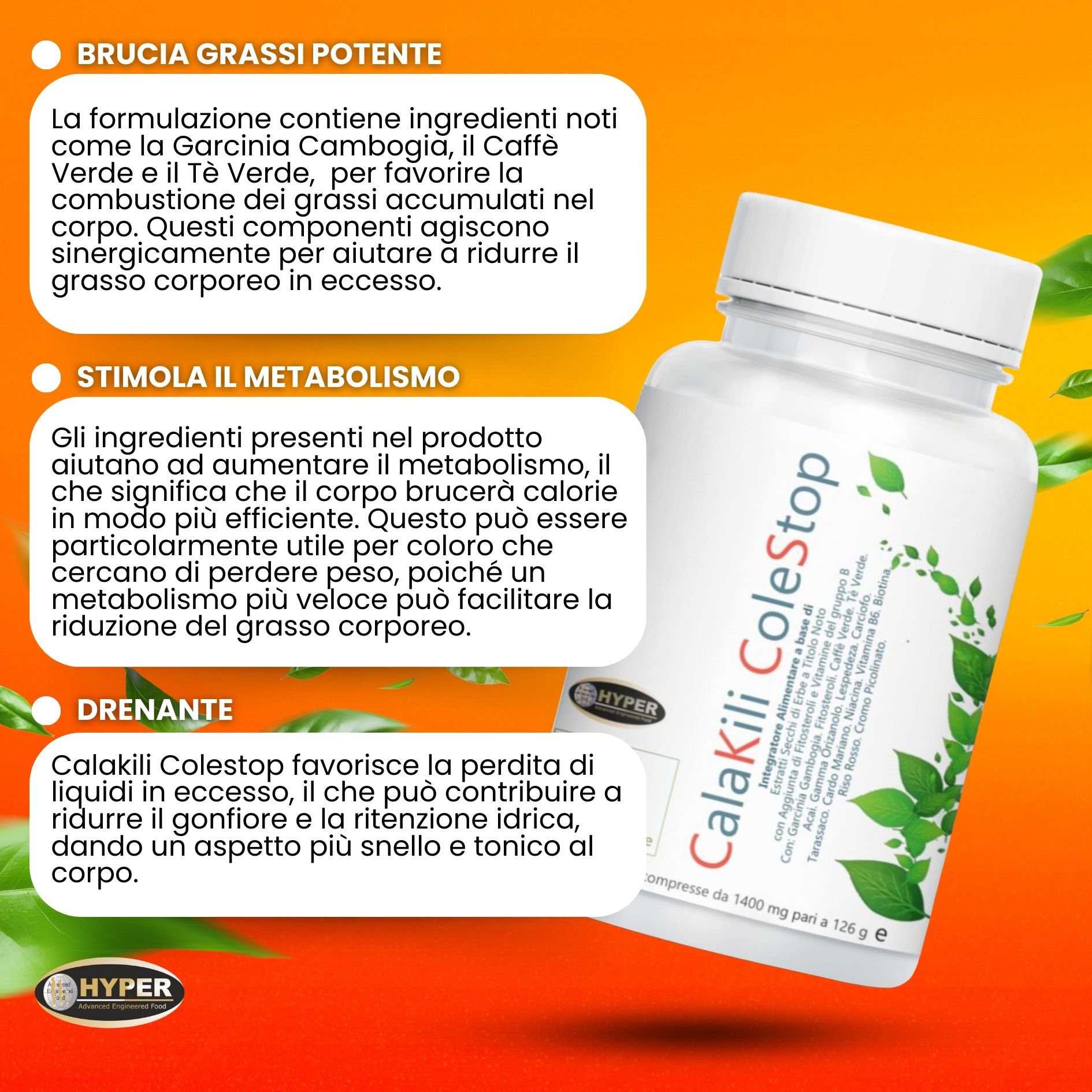Flacone bianco di capsule. Scritta: CalaKili ColeStop. Testo: Brucia grassi, metabolismo, drenante. Sfondo: giallo-verde.