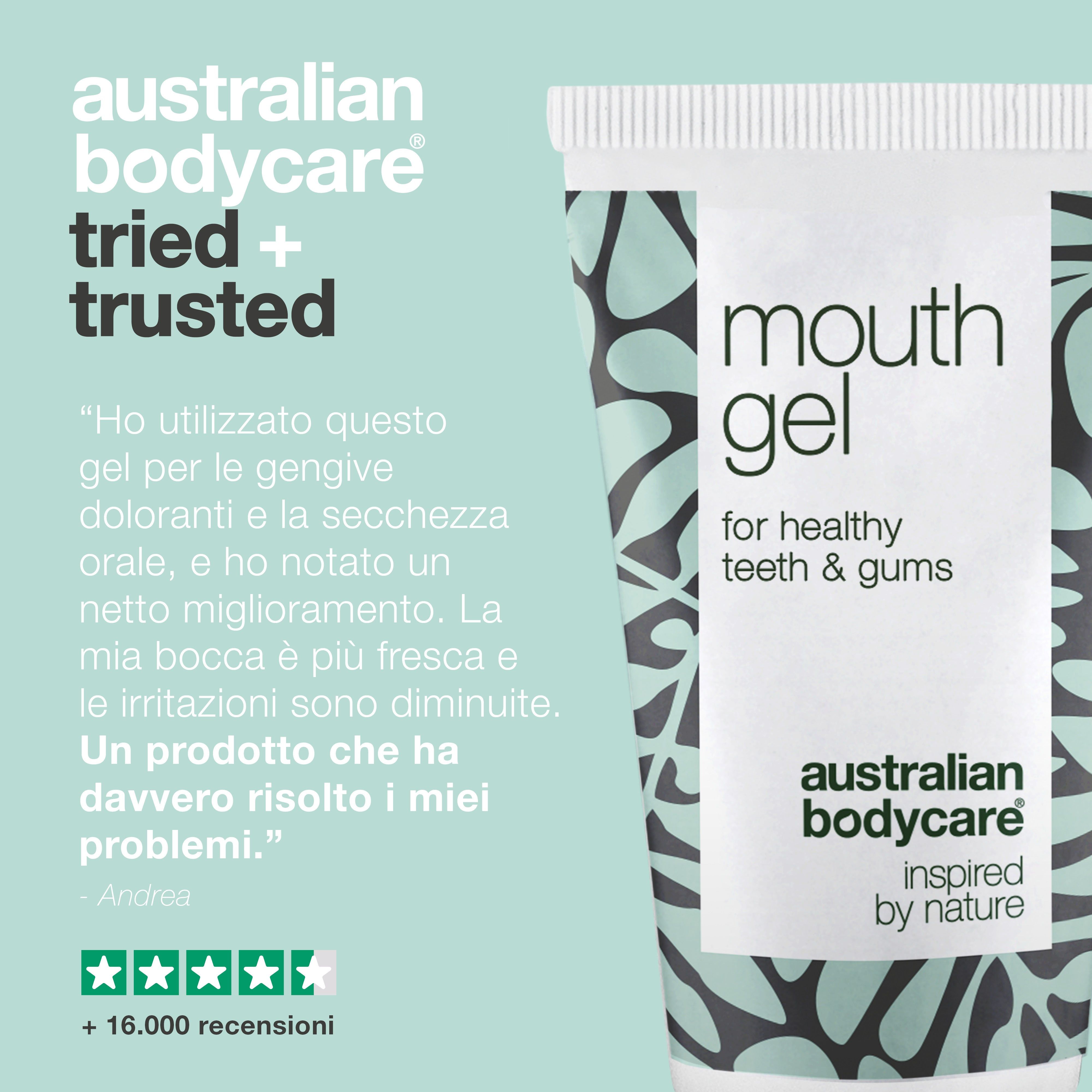 Immagine pubblicitaria: tubo di gel per la bocca. Testo: mouth gel, for healthy teeth & gums, Australian Bodycare.