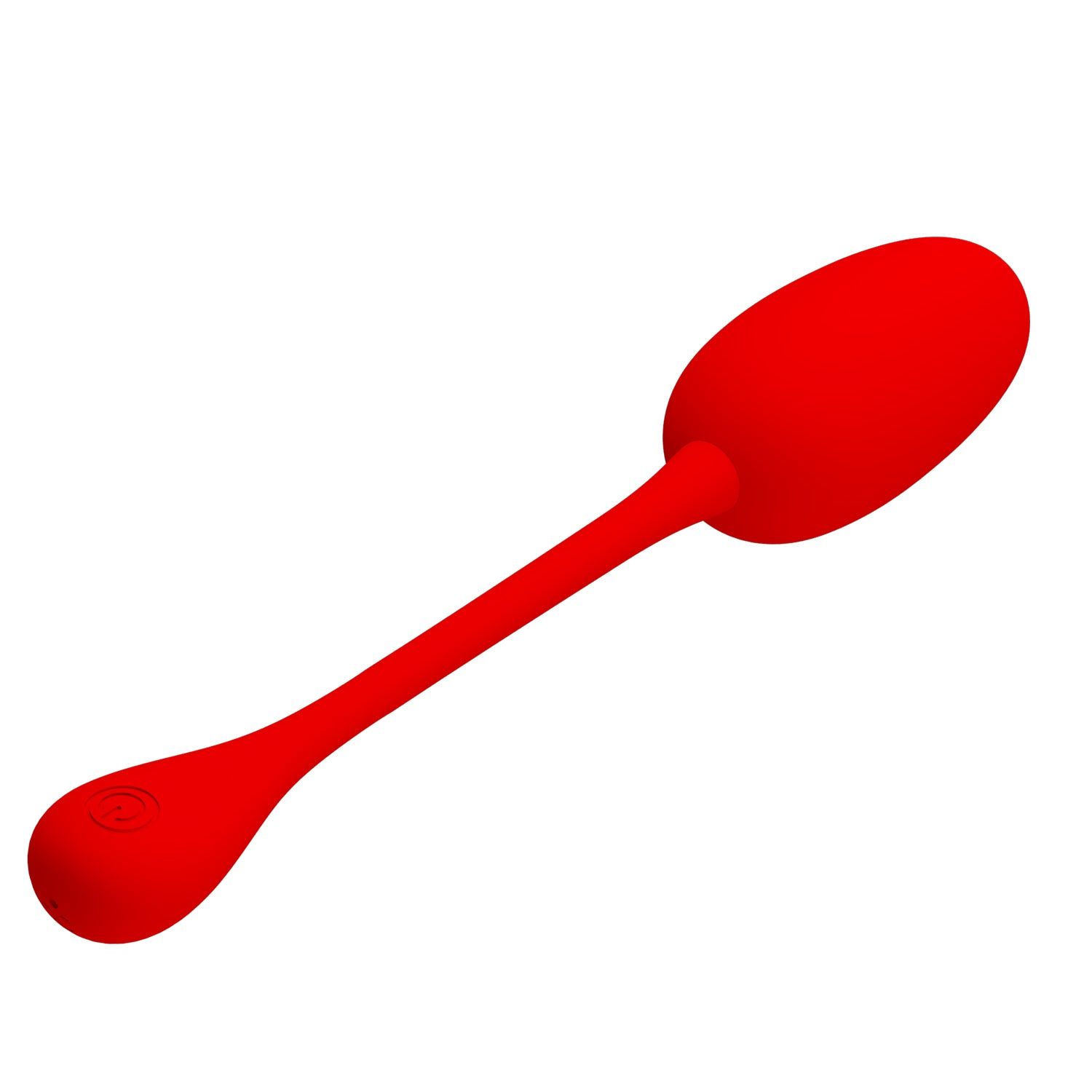 Oggetto rosso allungato con estremità a goccia e lungo stelo. Su sfondo bianco.