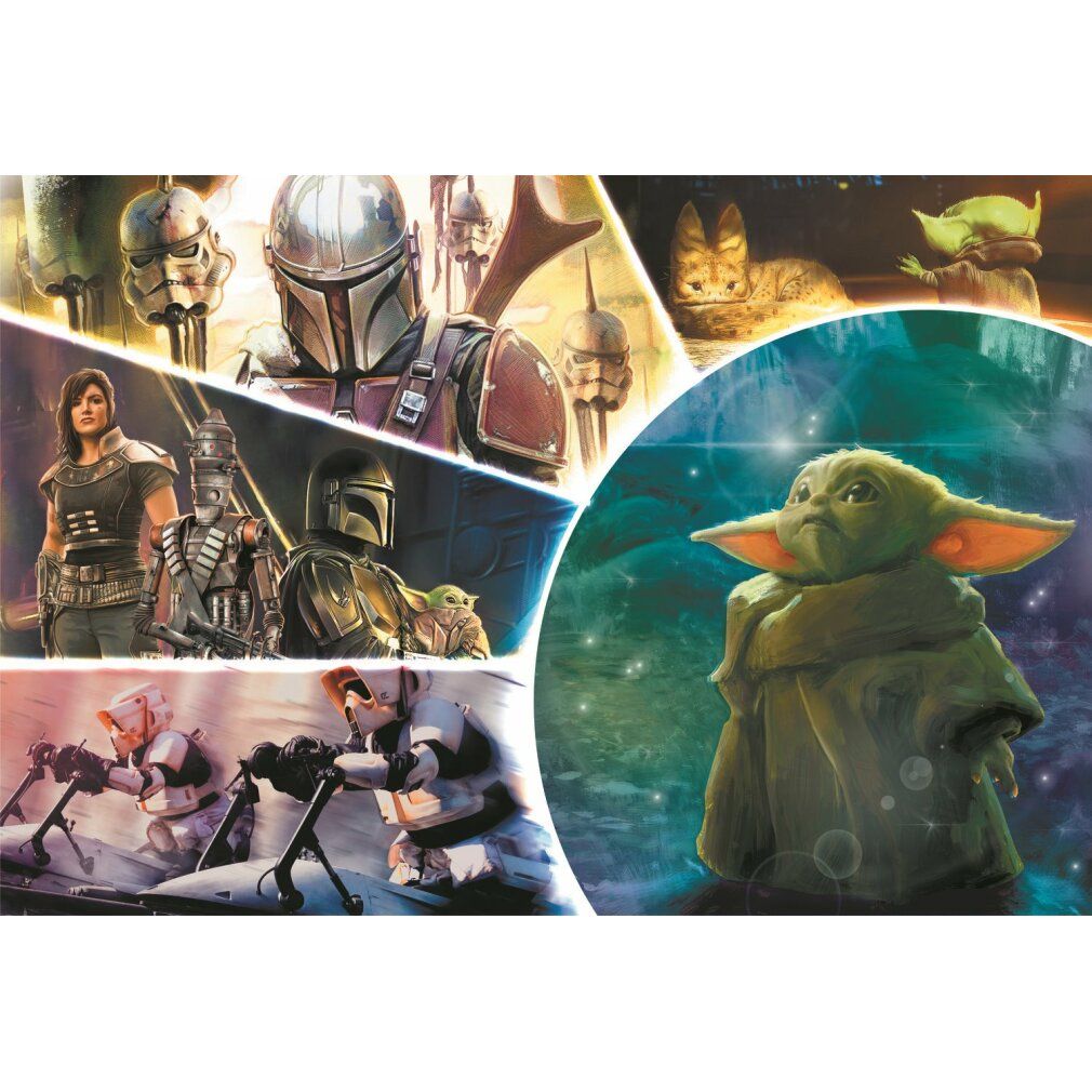 Puzzle Star Wars Mandalorian, 100 pezzi. Baby Yoda in primo piano. Marchio Trefl.