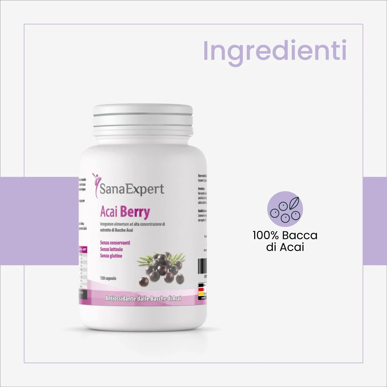Una bottiglia di Acai Berry con il logo SanaExpert e informazioni sul prodotto. Scritto '100% Bacca di Acai'.