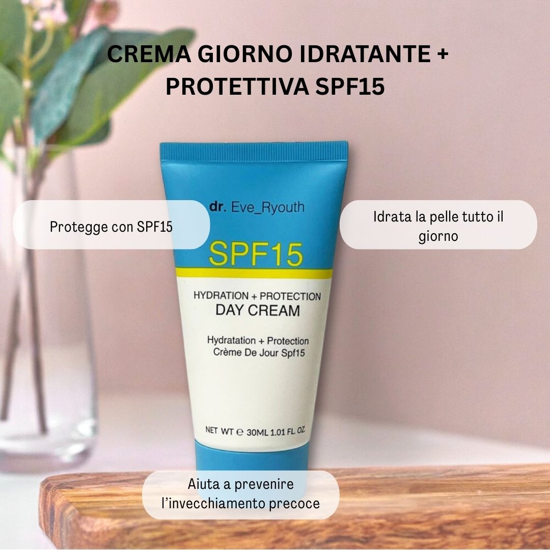 Tubo con "dr. Eve_Ryouth" e "SPF15". Testo: "Hydratation + Protection Day Cream". Su tagliere, con fumetti.