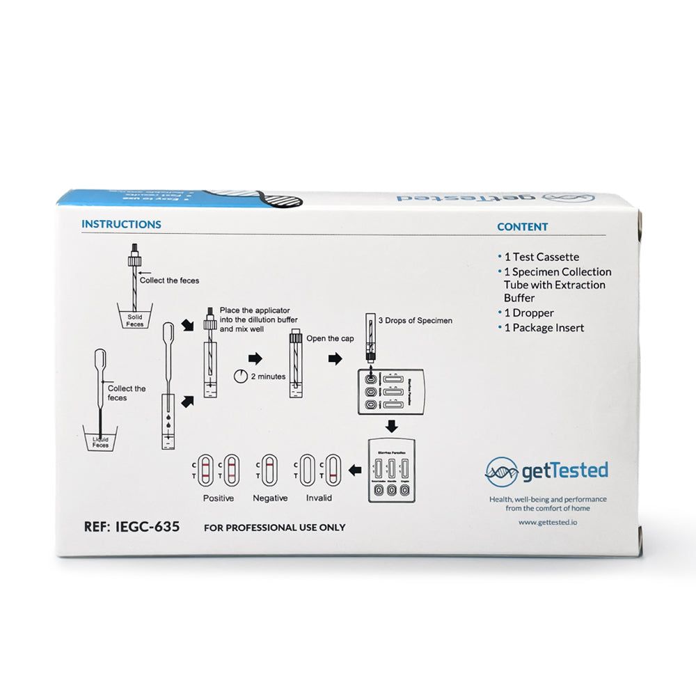 Retro della confezione GetTested Parasite Test. Illustrazioni d'uso. Contiene: cassetta, provetta, tampone, contagocce, foglietto.