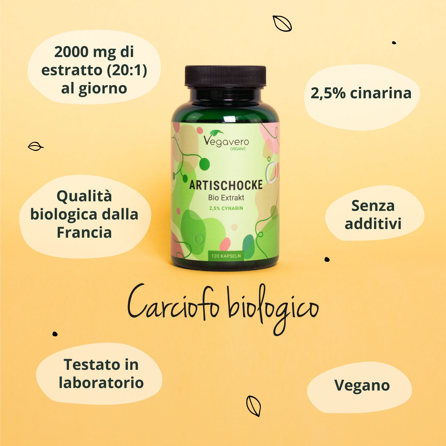 Flacone del prodotto con scritte: Carciofo biologico, 2,5% cinarina, senza additivi, vegano. Informazioni aggiuntive.